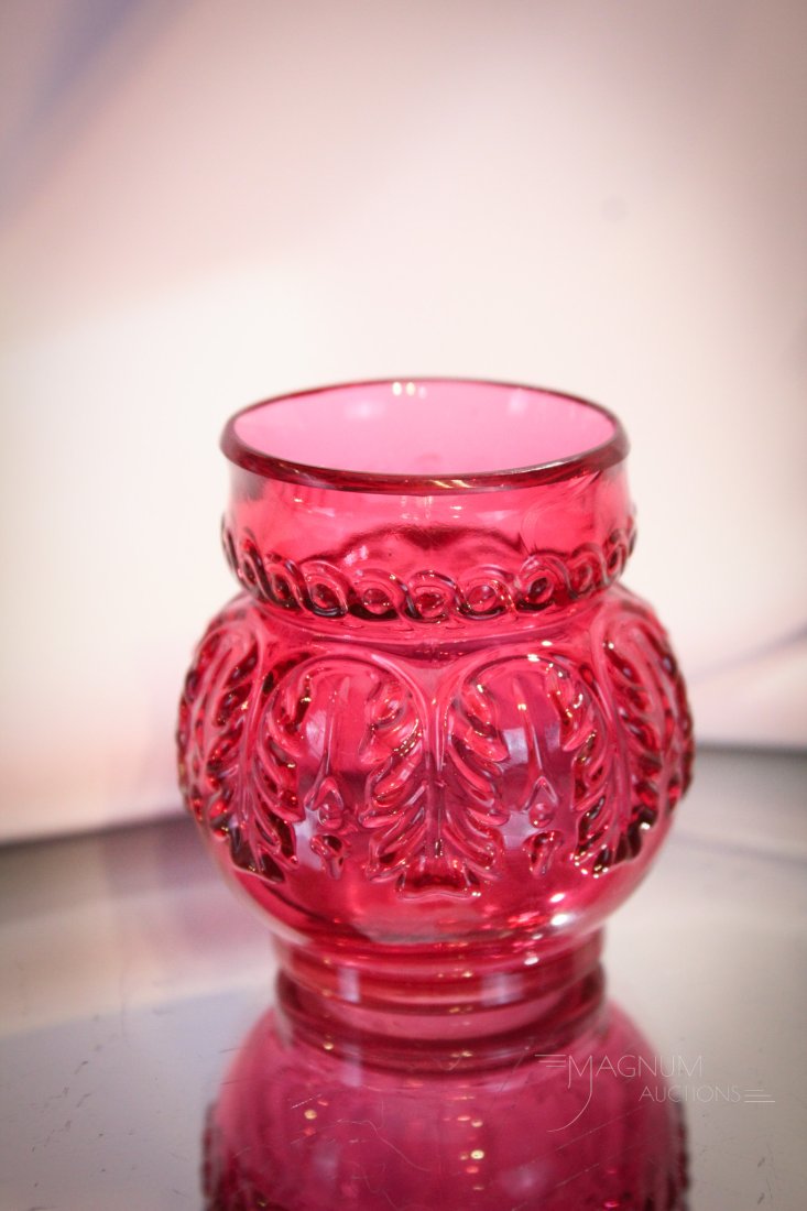 Northwood Leaf Umbrella Cranberry Victorian Glass Toothpick Holder: Fine example of a Northwood Leaf Umbrella pattern cranberry toothpick holder. Well defined pattern and nice coloring. Measures 2 1/4" tall.