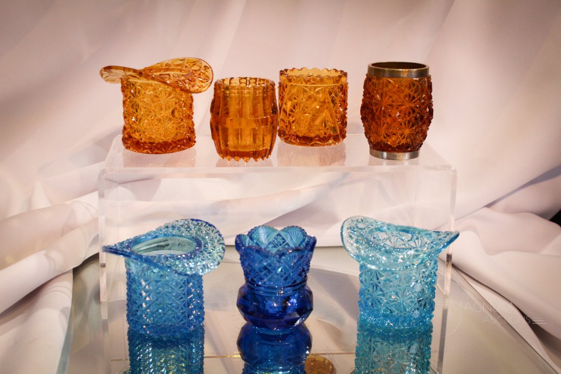 9 pc Lot Pattern Glass Victorian Toothpick Holders: Fine finds are abundant here in this lot including five hat form toothpicks. Tallest measures 2 1/2.
