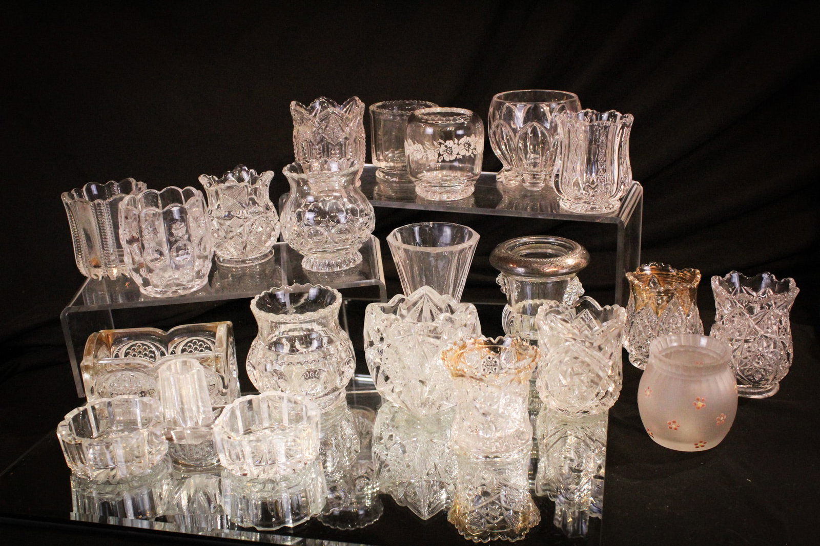 20 pc Lot Victorian Pattern Glass Toothpick Holders: Many fine examples of Victorian pattern glass toothpick holders in this lot. One as nice as the next. You Pickies will get giddy over this one. We're sure of that!