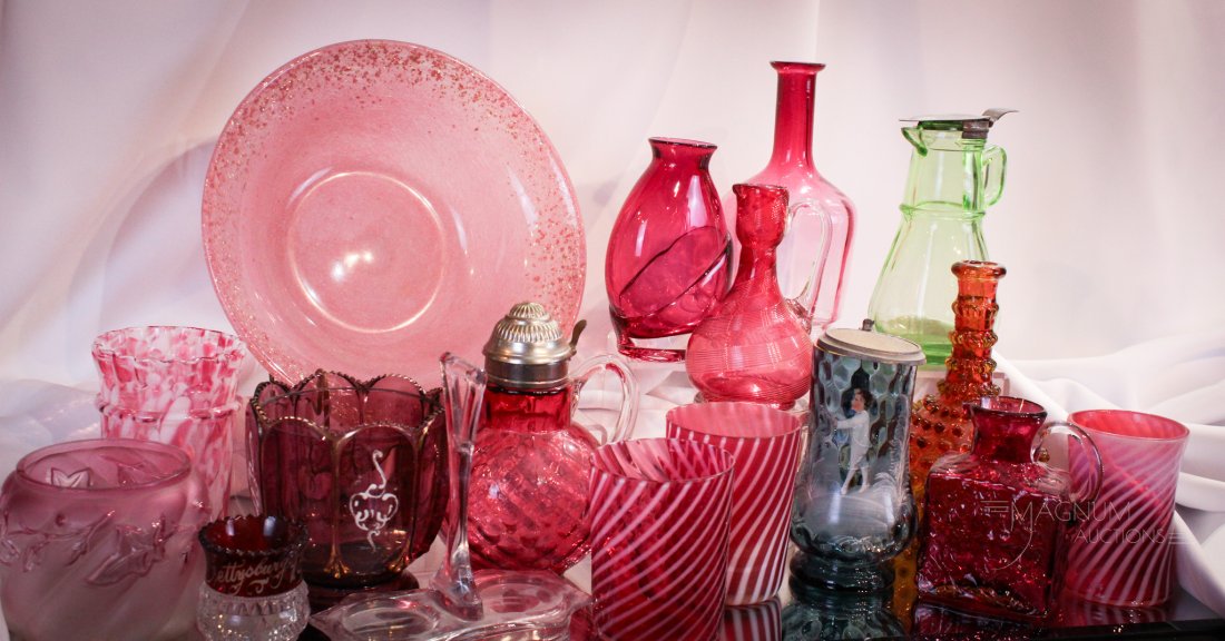 17 pc Lot Magnum Auctions Goody Lot Cranberry Opalescent Glass & More: Another World Famous Magnum Auctions Goody Lot. Just like a plump, curvacious, engorged and juice filled, succulent cherry ready for the picking. Don't miss the harvest of this lot! Tallest measures 7