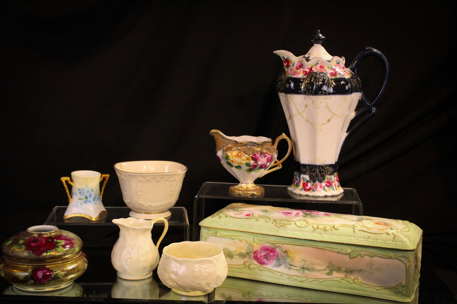 8 pc Magnum Auctions Goody Lot Nippon Hand Painted Belleek Porcelain: The fineries abound in this wonder of wonder of lots presented by Magnum Auctions. Eight examples of porcelaina. Tallest measures 10".