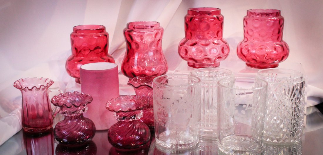 13 pc Lot Cranberry Pickle Castor Jars Vases & More: What a great offering this one is folks. This lot is made up of four cranberry pickle castor jars, four pattern glass jars, four cranberry glass vases, and a peachblow satin pickle castor jar.
