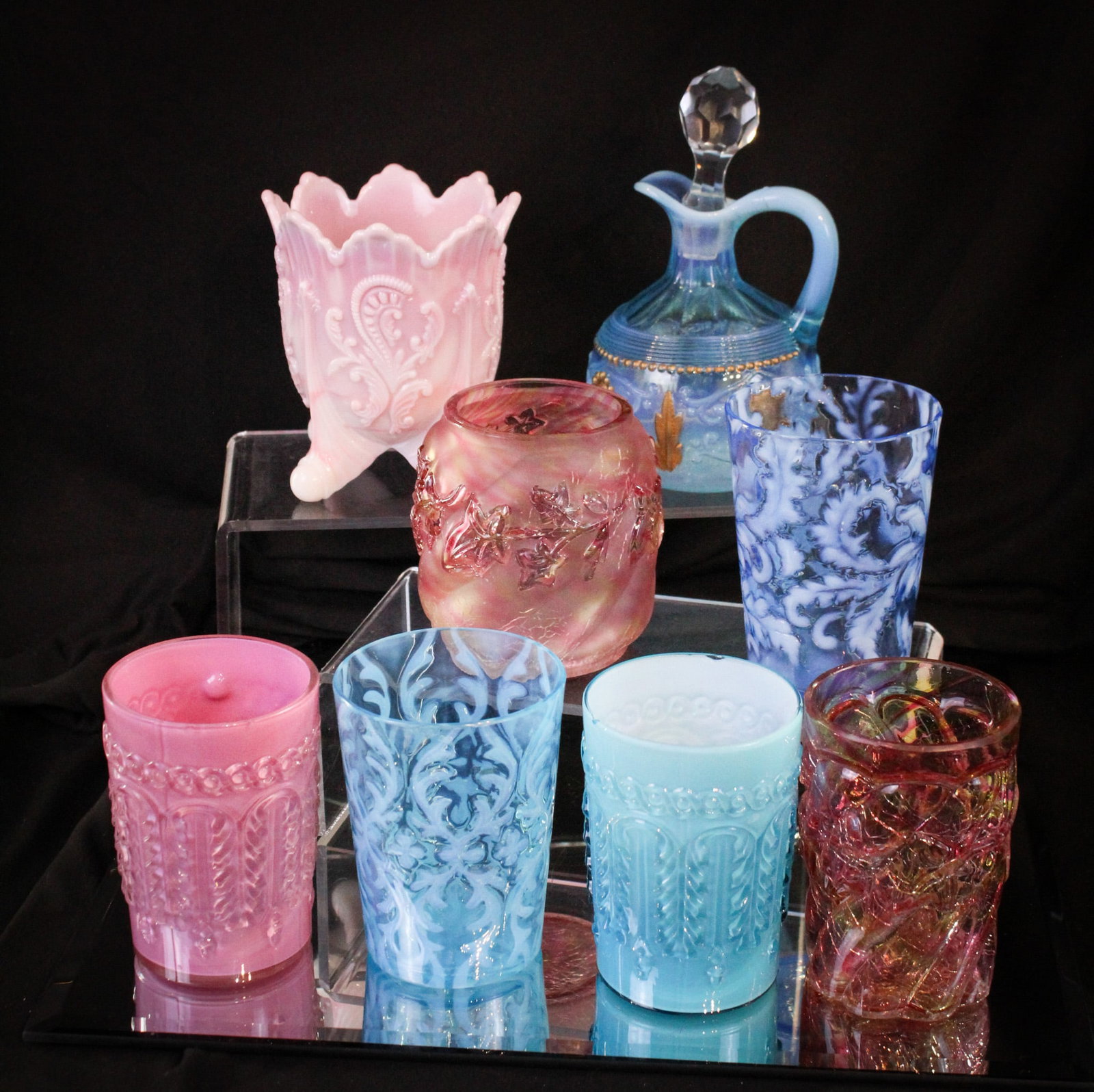8 pc Lot Northwood Victorian Glass Lot: Great assemblage of some highly collectible Northwood glass items. Lot is comprised of a pink slag Inverted Fan & Feather Spooner, Royal Ivy items in various treatments, Jewel & Flower, Spanish Lace, 