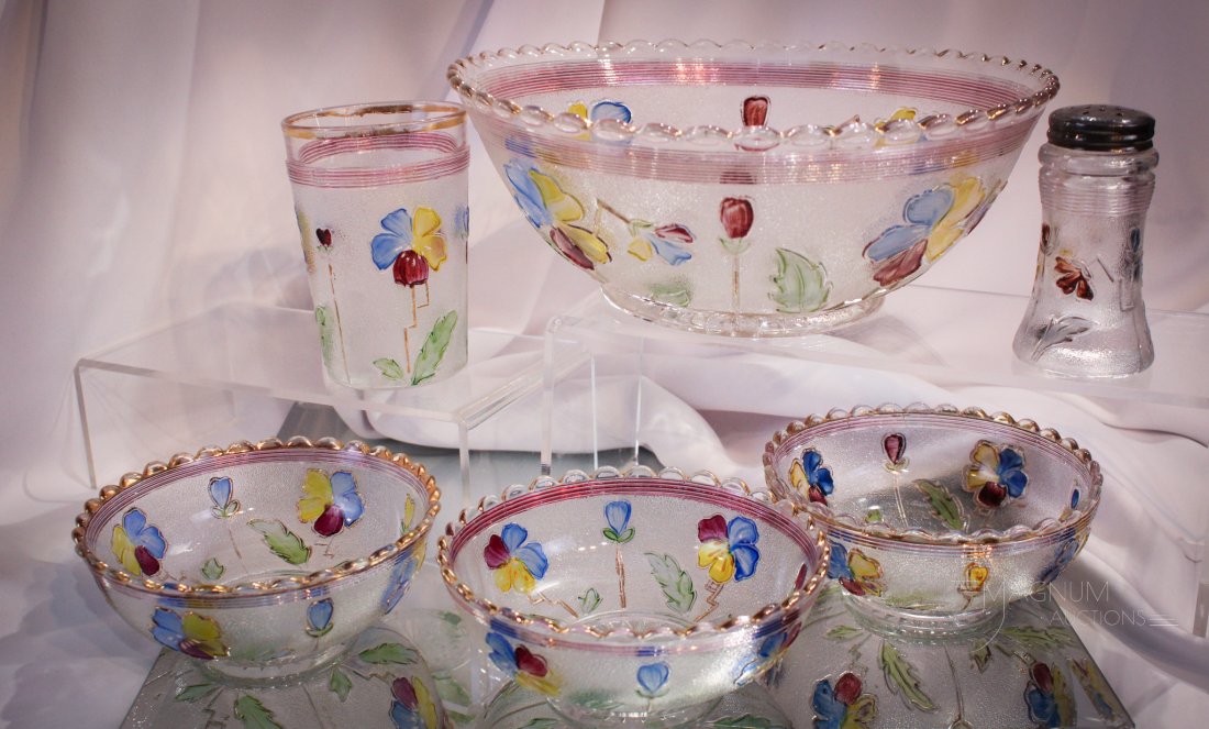 6 pc Lot Northwood Mikado Victorian Glass: Select offering of six pieces of Northwood glass in the Mikado pattern. Lot is made up of a master berry bowl, a tumbler, three individual berry bowls, and completed by a shaker.