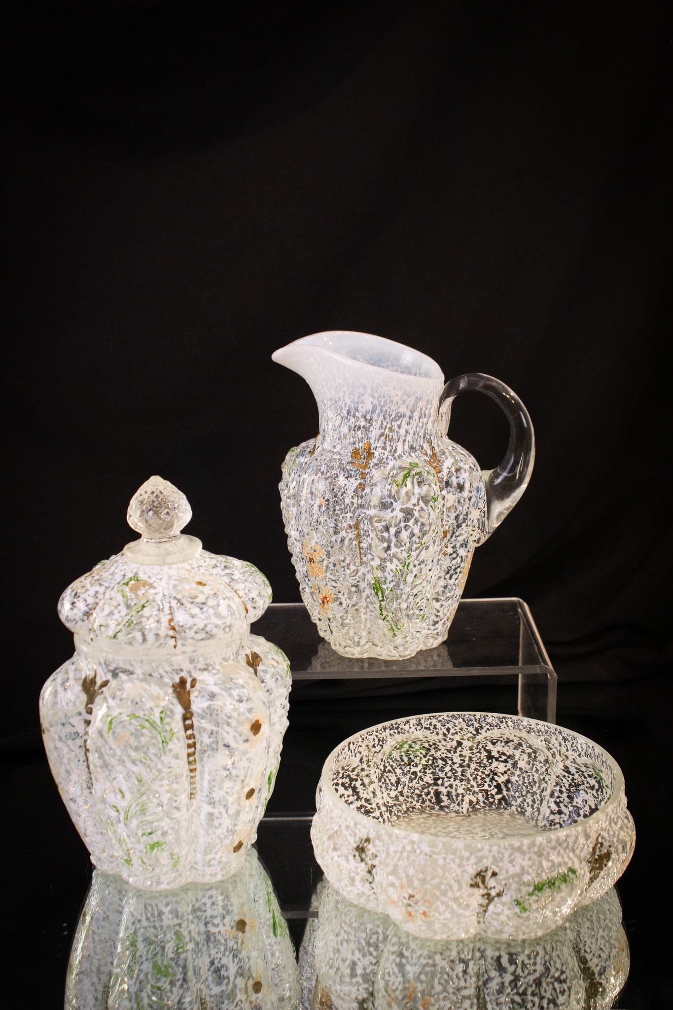3 pc Lot Rare Northwood Panelled Sprig Graniteware Victorian Glass: Rarely found table articles in the Northwood Panelled Sprig pattern with granite decoration treatment. Folks, these pieces are seldom seen. Included is a covered sugar bowl, butter base, and a creamer