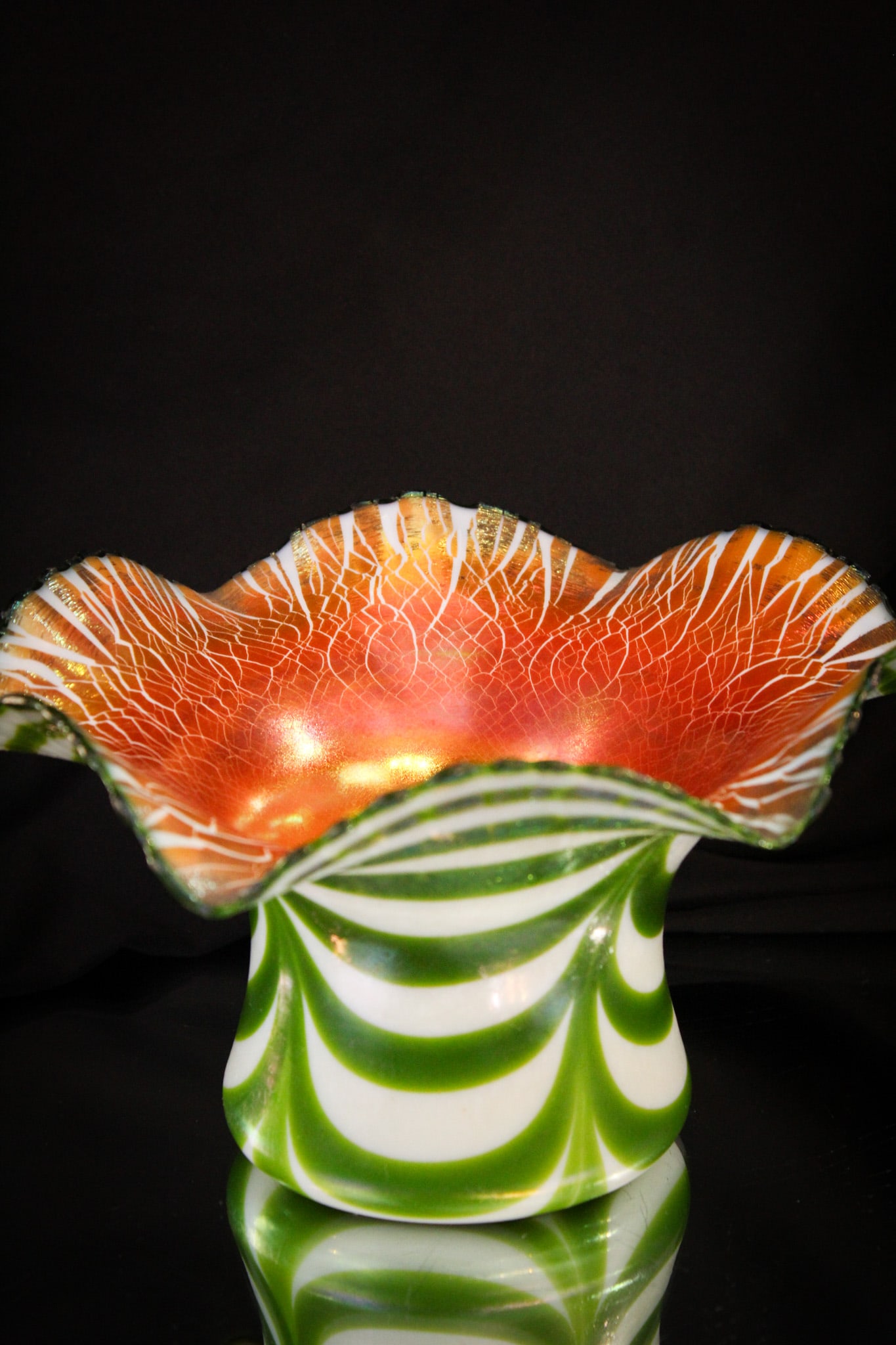 Imperial Freehand Lead Lustre Green Adventurine Drape Art Glass Vase: This piece from the private collection of Ernest L. Albanese Jr. Absolutely phenomenal Imperial art glass freehand lead lustre green adventurine drape over white ruffled vase. Piece has the best orang