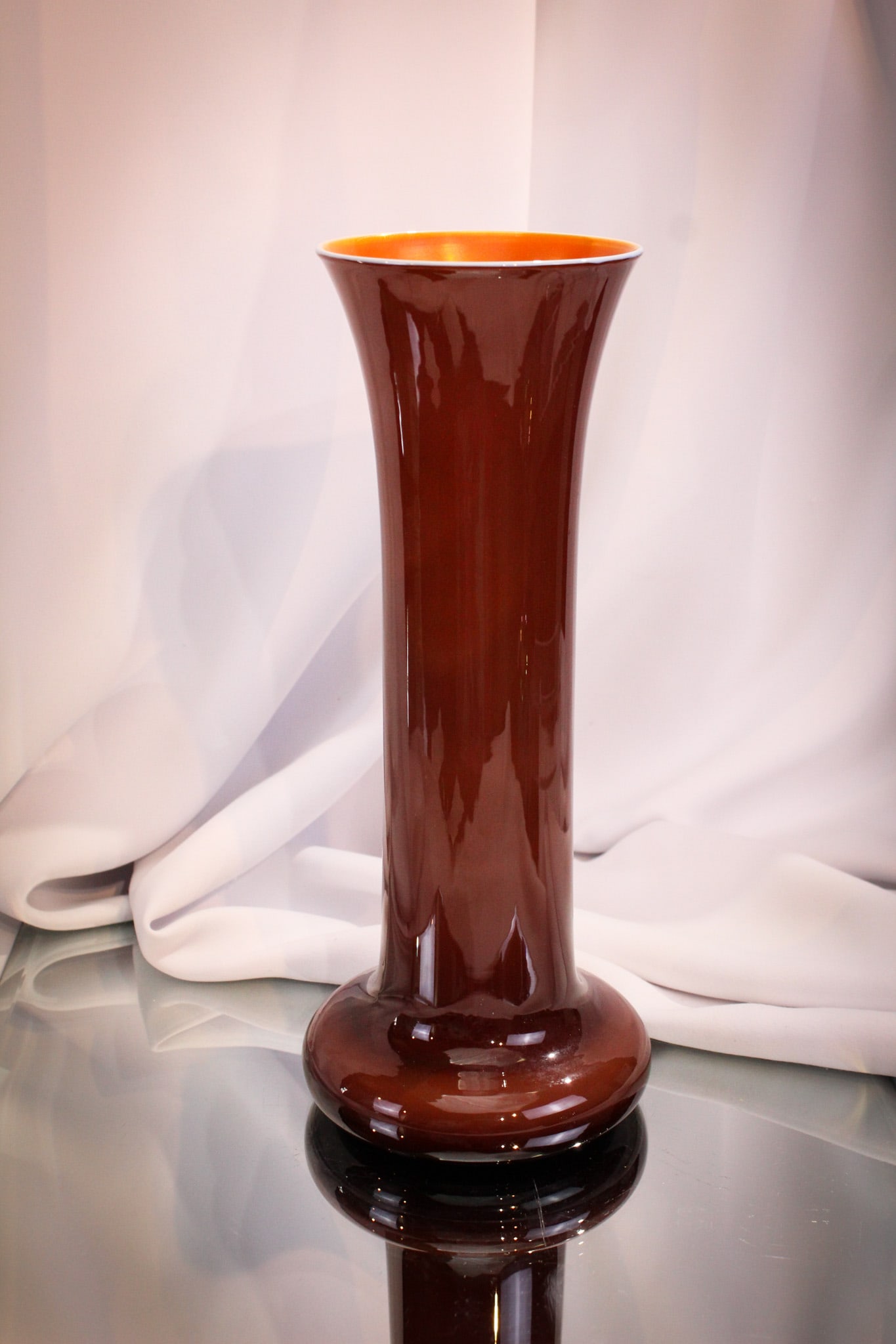 Imperial Freehand Lead Lustre Mulberry & Orange Art Glass Vase: This piece from the private collection of Ernest L. Albanese Jr. Unusual Mulberry color is found on this vase with orange interior. A very fine example of Imperial freehand lead lustre. It measures 11