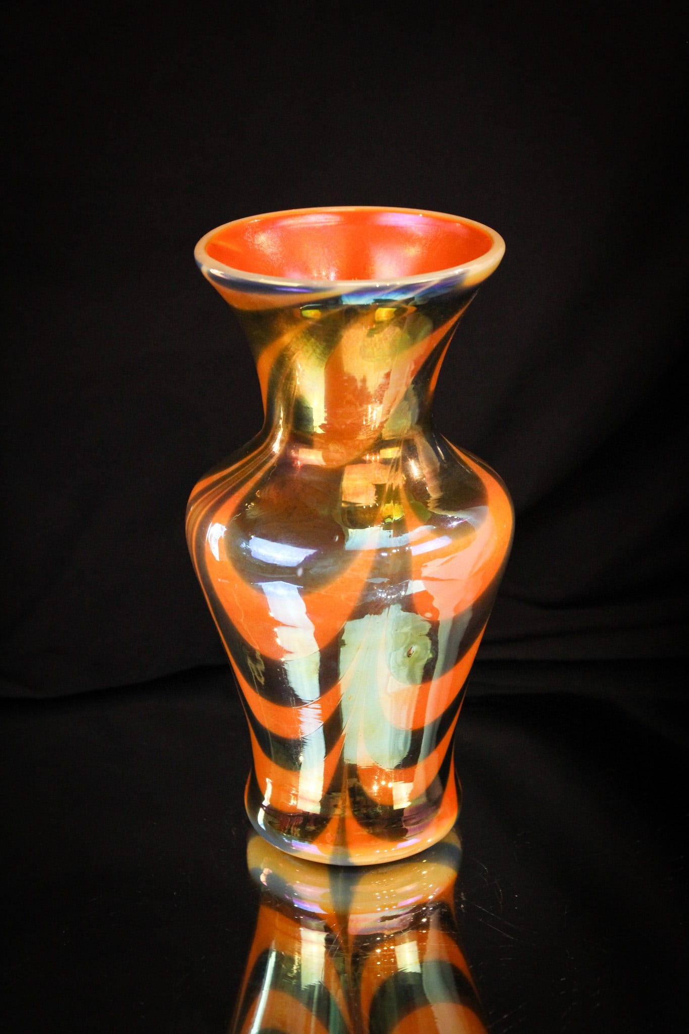 Imperial Freehand Lead Lustre Orange & Blue Festoon Art Glass Vase: This piece is from the private collection of Ernest L. Albanese Jr. Lovely orange with blue festoon decoration Imperial art glass vase. Vase stands 6 3/4" tall.
