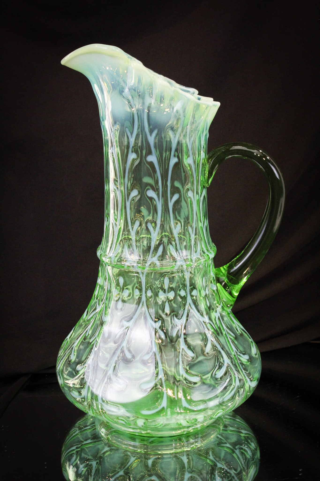 Rare Green Opalescent Spanish Lace Ribbon Tie Victorian Tankard: What a wonderful example this is, folks! Seldom seen and what a great example. This beauty stands a tall proud 12".