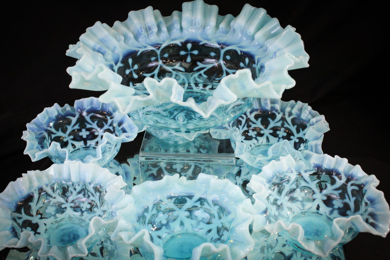 Northwood Blue Opalescent Spanish Lace Berry Set: This is something you don't see complete. A complete berry set in the Spanish Lace pattern. Largest measures 3 1/2" tall, 10" diameter.