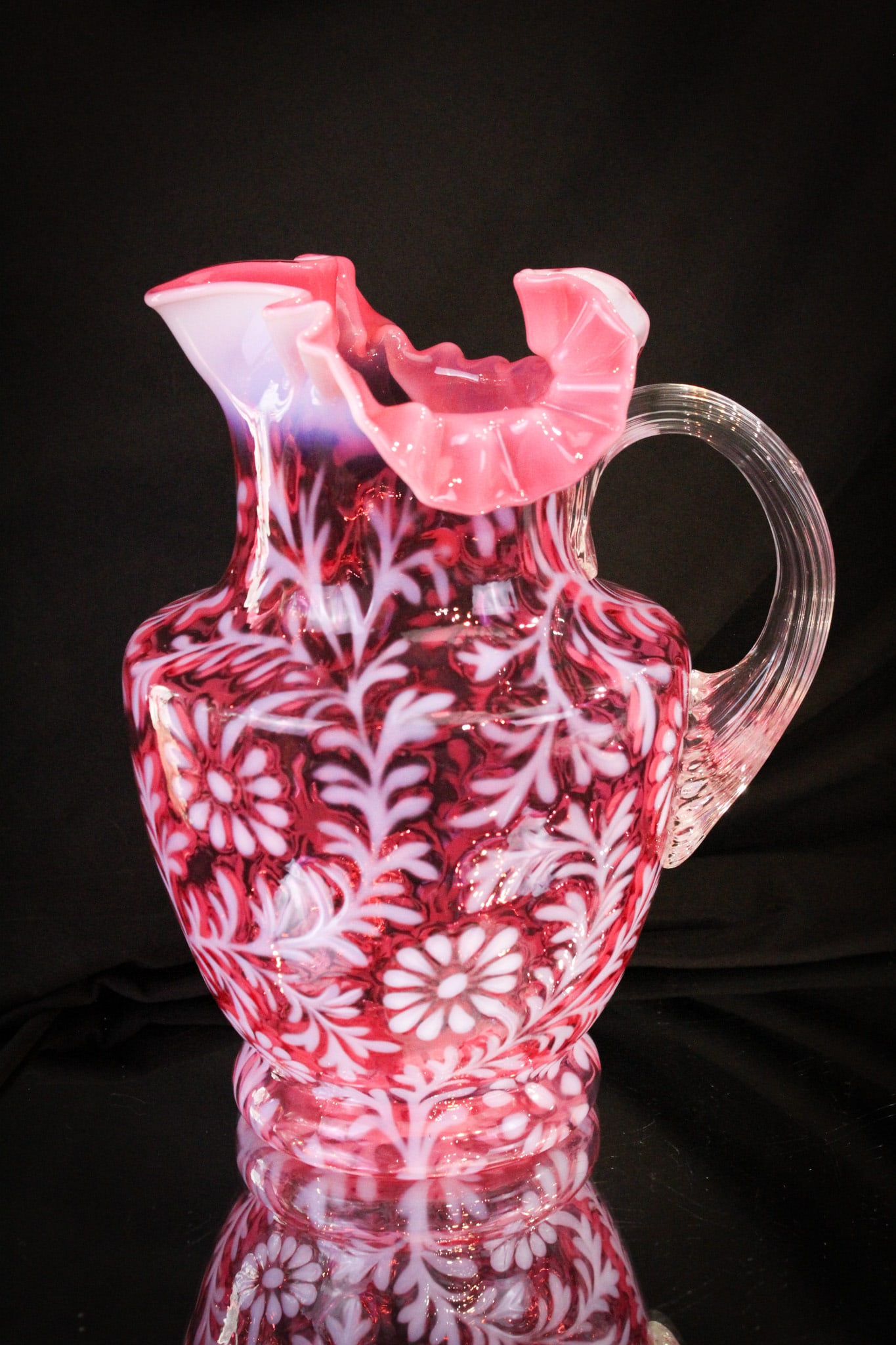 Cranberry Opalescent Northwood Daisy & Fern Victorian Pitcher: Look at the color on this wonderful pitcher. The shape is wonderful too! What a super example. It measures 9 1/4".