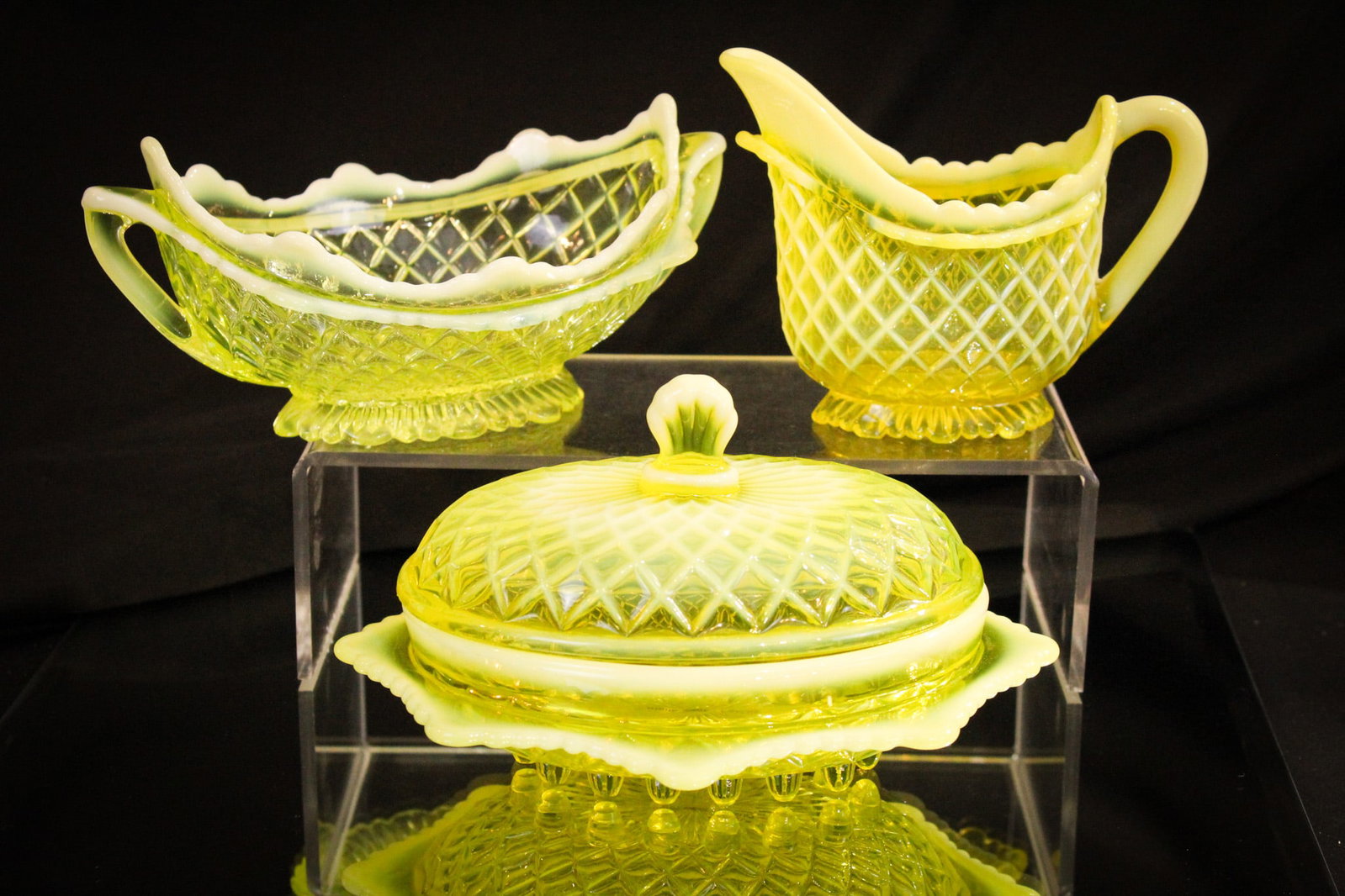 3 pc Lot Davidson Victorian Vaseline Opalescent Glass: Three super examples of vaseline opalescent Davidson glass. These three in the Quilted Pillow Sham pattern. A butter, creamer, and open sugar available for purchase. Will they be yours? Tallest measur