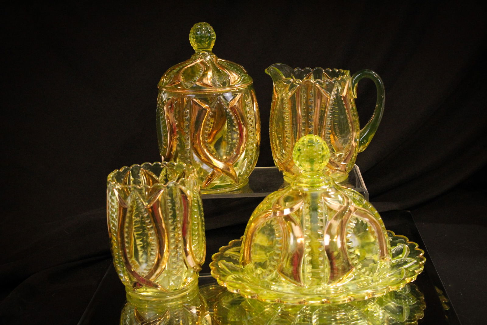 Victorian Vaseline Gilt I.O.U. Pattern Table Set: Look at the gold on this phenomenal set! Amazingly brilliant and so showy. It would make Liberace blush! This complete set in the I.O.U. pattern is in the ever highly collectible vaseline glass. One p