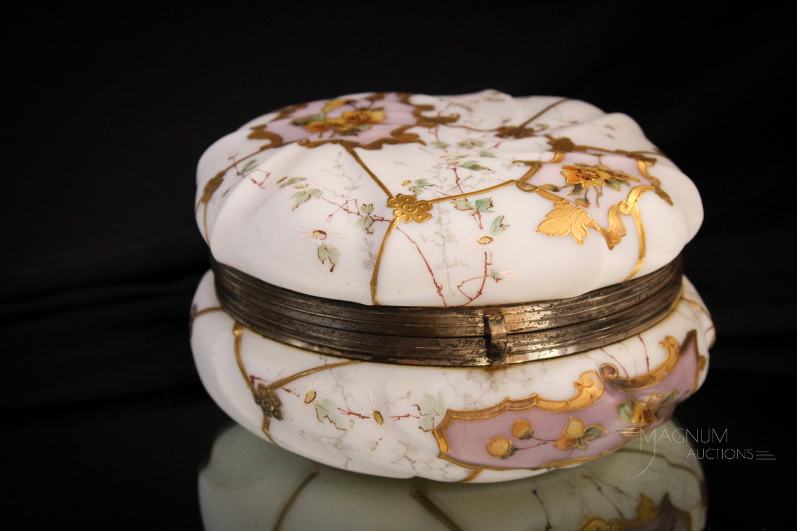 Wavecrest 7" Victorian Glass Gorgeous Dresser Box with Original Label: Fabulous Victorian Wavecrest large 7" wide dresser box with gold tracery decoration and lavender colors and florals. Box retains original paper label. Superb example! Measures 3 1/2" tall, 7" wide.