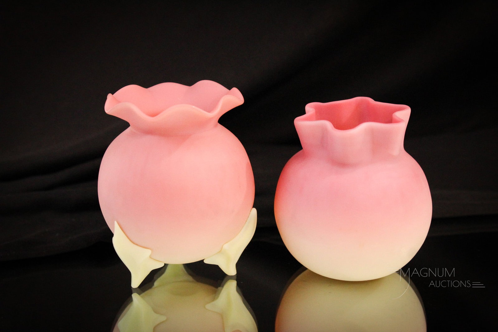2 pc Lot Webb Burmese Victorian Glass Cabinet Vases: Two unique examples of Webb burmese Victorian glass cabinet vases, one a footed example! Tallest measures 3 1/4"
