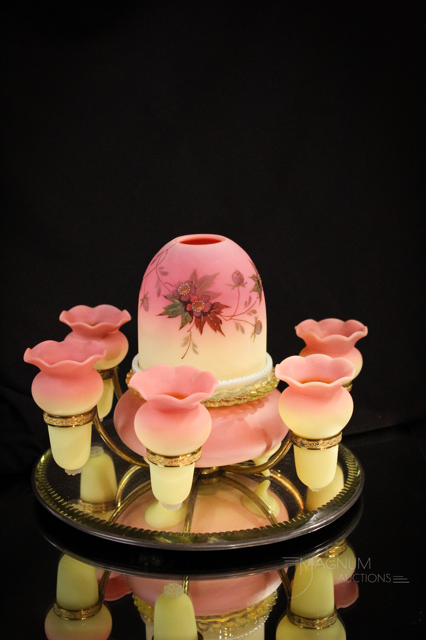Webb Burmese Victorian Glass Fairy Lamp Sociable Epergne: Ugh. What isn't to love about this phenomenal piece of Victorian decorative glass. This sociable epergne is complete with decorated shade with hawthorne decoration. Base is footed and the fairy lamp h