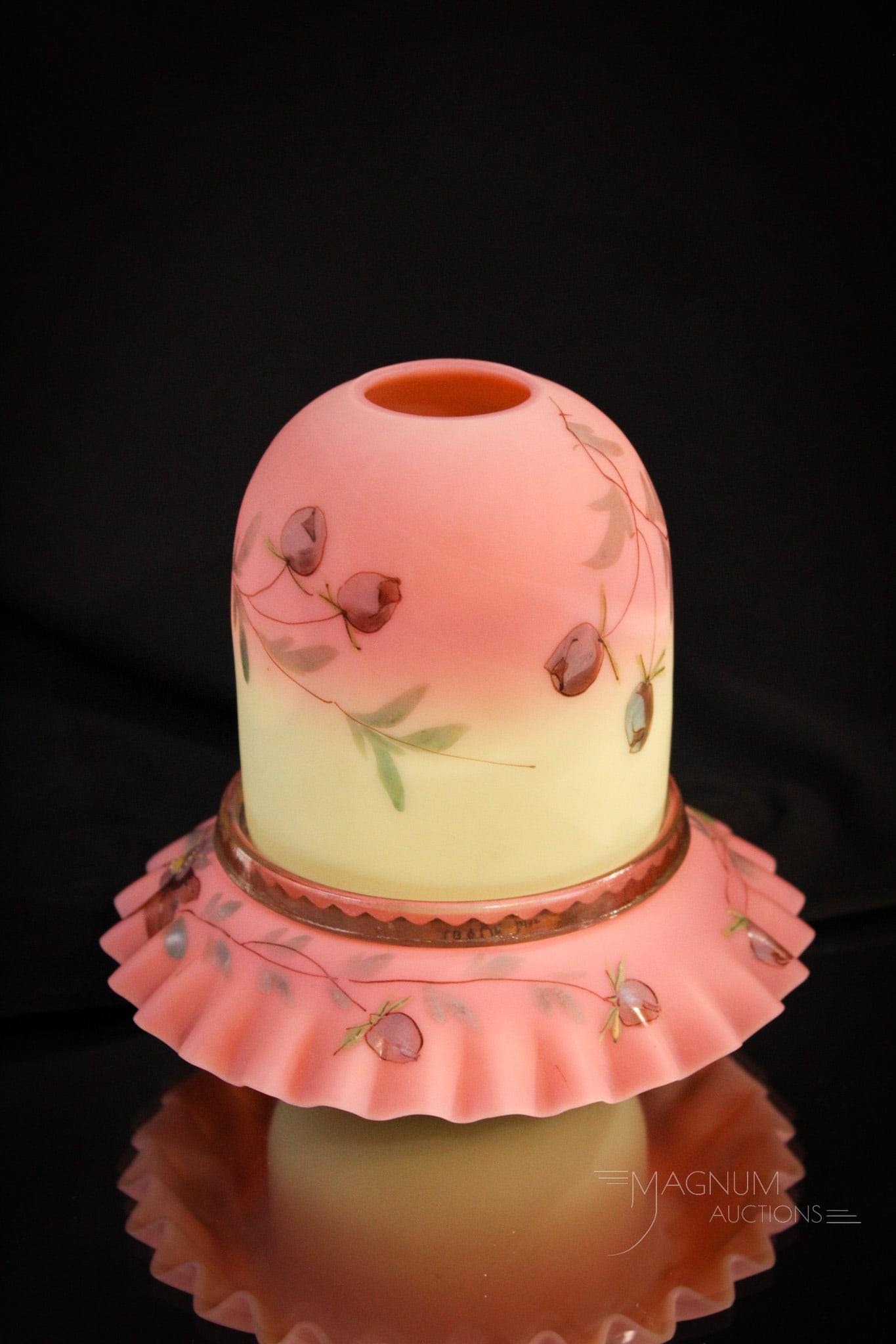 Signed Queensware Webb Burmese Decorated Victorian Fairy Lamp: Stunning signed Queen's Ware Webb decorated burmese Victorian fairy lamp with matching floral décor to shade and base. Complete with signed Clarke's insert and pyramid candle. Measures 5 1/2" tall.