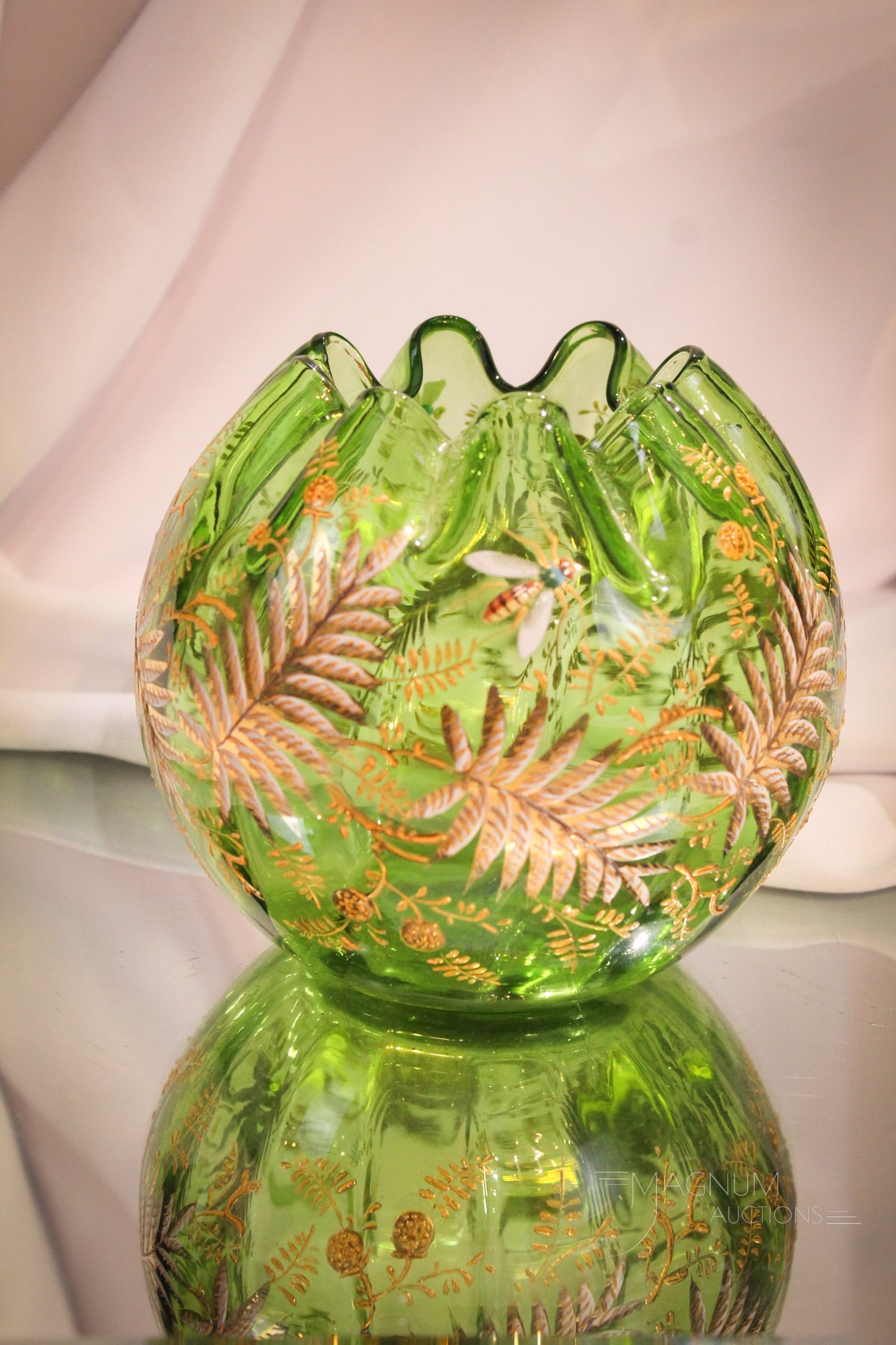 Moser Uranium Glass Victorian Rose Bowl: Wonderful Moser uranium glass rose bowl with a plethra of enameled and gilt foliage and bugs. Nice example and this baby lights up under UV light! Measures 4 3/4" tall.