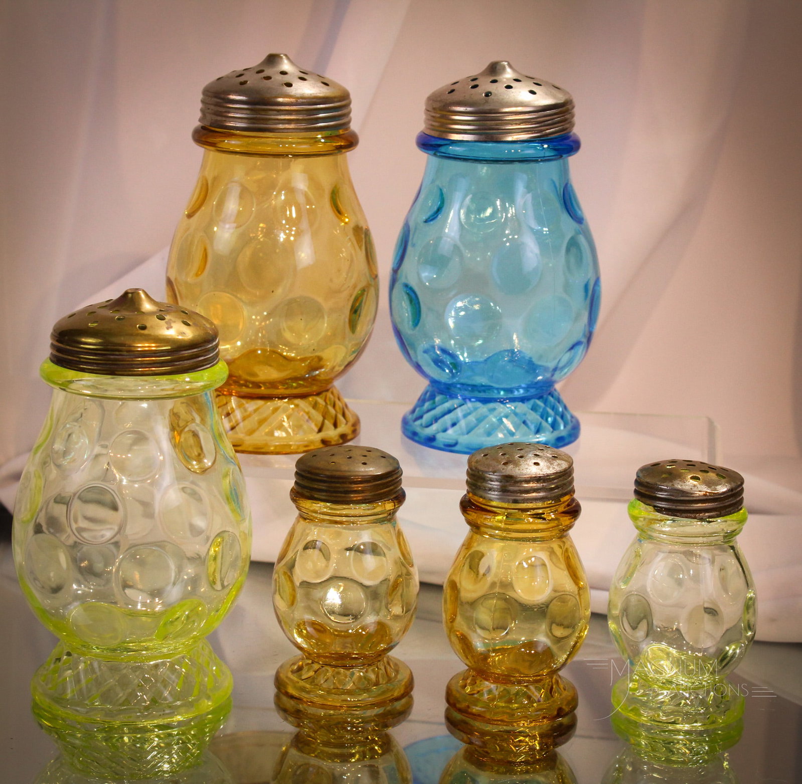 6 pc Lot Happy Family Central Glass Rope & Thumbprint Glass: Generous offering of six pieces of Central Glass in various colors and sizes. Three fine examples of sugar shakers in vaseline, amber, and classic blue. All this beauty in collectible elegance along w