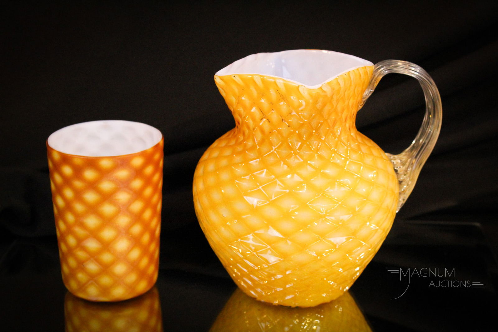 2 pc Lot Phoienix Cut Velvet Victorian Pitcher & Tumbler: Two superb examples of cut velvet Victorian glass. We have a milk size pitcher in glossy paired with a satin finish tumbler. Both in shades of rich root beer brown. Nice examples! Tallest measures 5 1