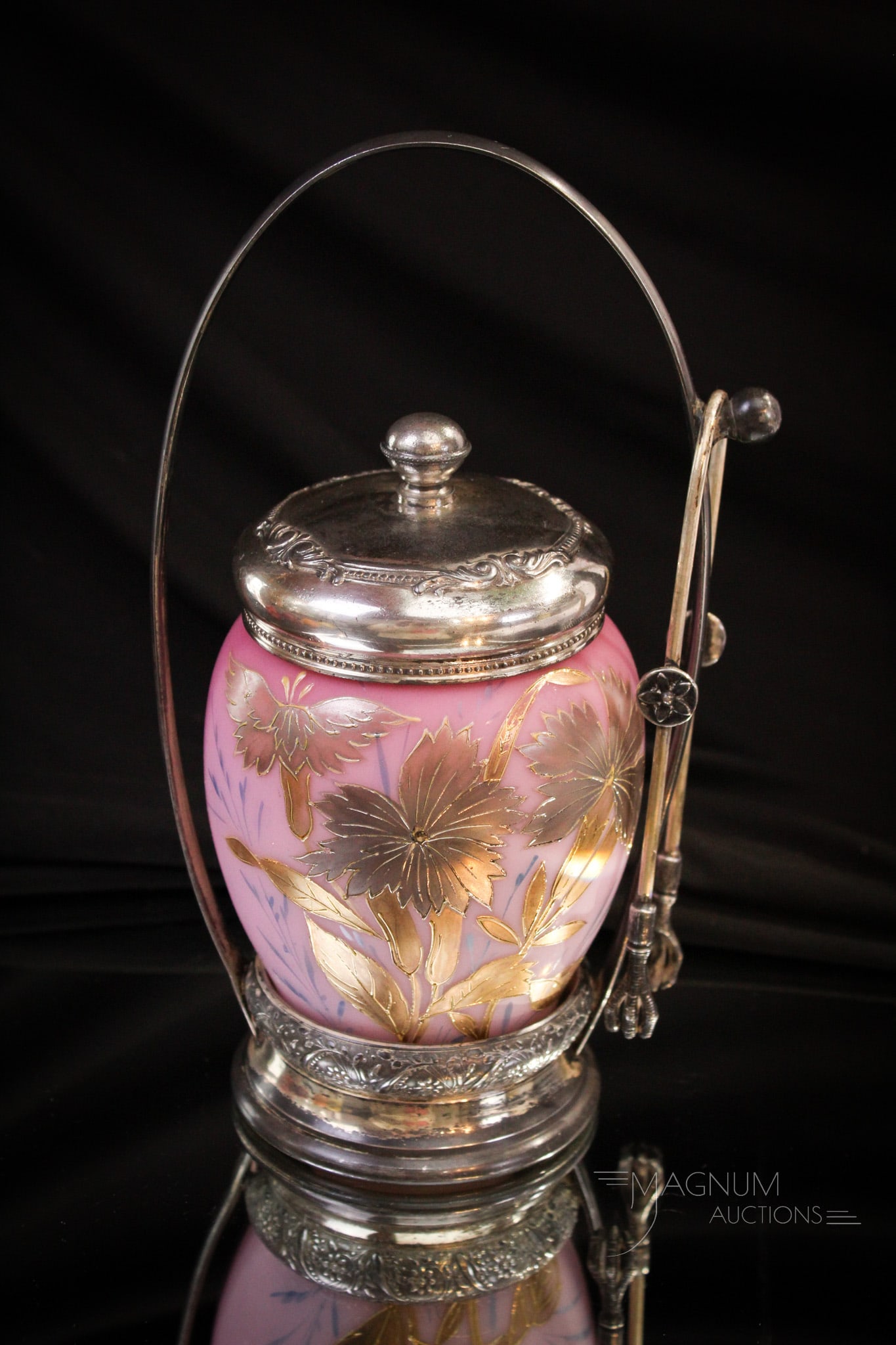 Rogers Silverplate Victorian Peachblow Gilt Pickle Castor: Beautiful shaded peachblow gilt decorated pickle jar set in signed Rogers silverplate frame. Measures 9 1/4" tall.