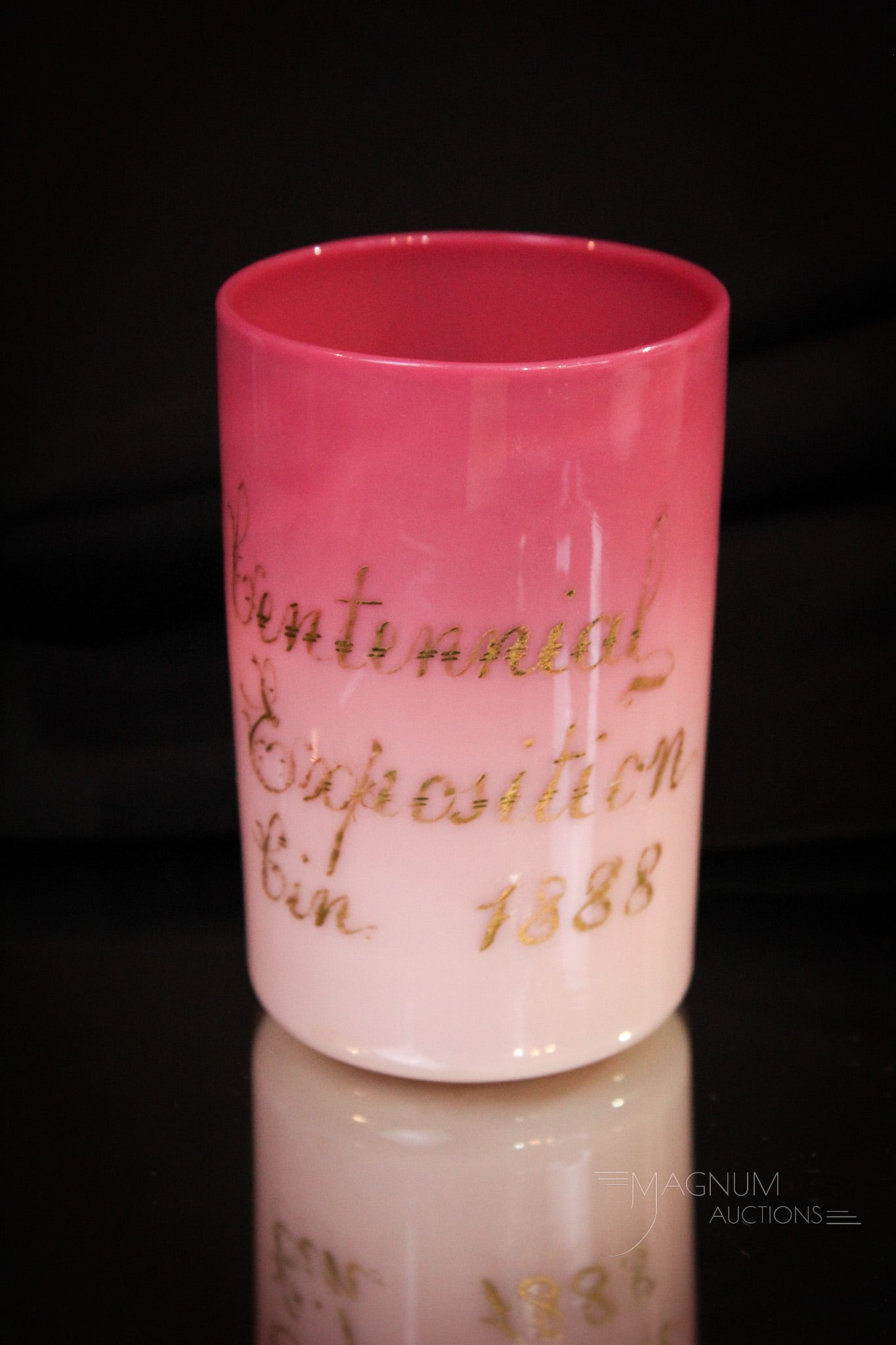 Very Rare New England "Centennial Exposition, 1888" Engraved Gilt Peachblow Tumbler: Folks, a true rarity! This lovely New England Victorian peachblow glass tumbler was engraved and gilt. Engraved, "Centennial Exposition, 1888" and "Gertrude". So rare to find this example. It stands 3