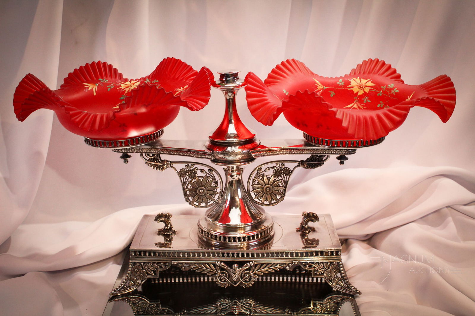 Pairpoint Victorian Silverplate Double Red Satin Brides Basket Centerpiece: Fine silverplate Pairpoint double brides bowl centerpiece. Piece is complete with red satin enameled glass Victorian bowls. Measures 11 1/2" tall, 22 3/4" long.