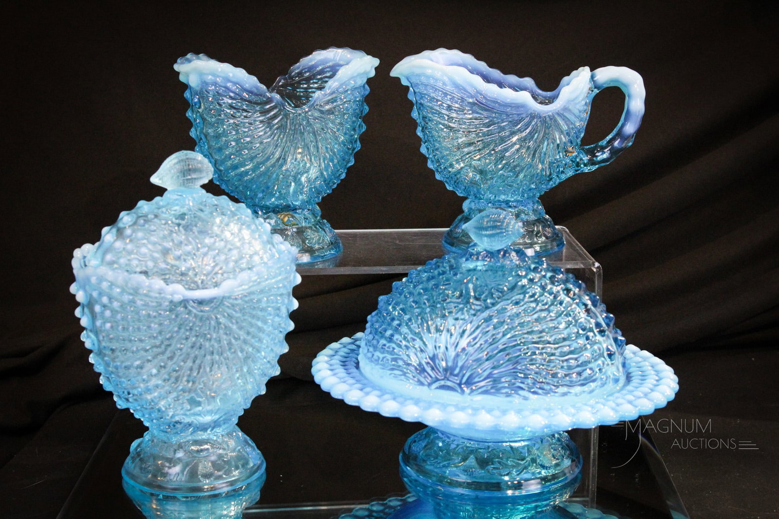 Northwood Blue Opalescent Victorian Glass Argonaut Shell Table Set: Brilliant blue signed Northwood Argonaut Shell pattern Victorian four piece complete table set. Lovely well matched set with the best color and opal!