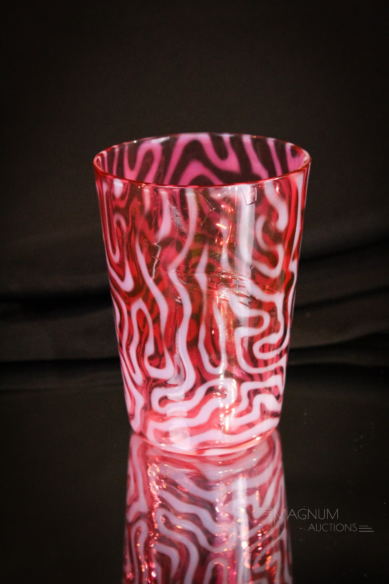 Scarce Cranberry Opalescent Swirling Maze Victorian Tumbler: A toughie, folks! Yep. It's a Swirling Maze pattern Victorian cranberry opalescent tumbler with good opal and nice color. It stands 4" tall.