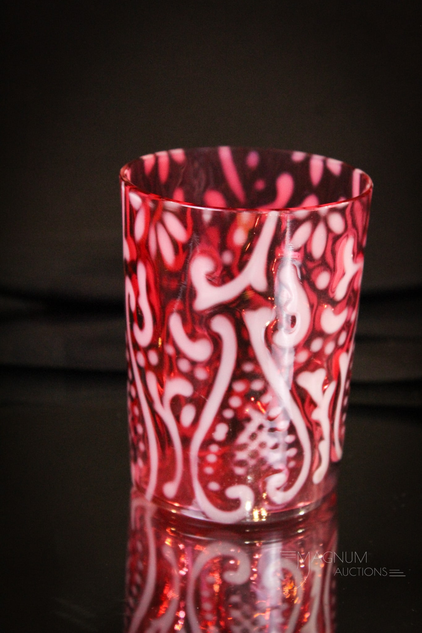 Cranberry Opalescent Arabian Nights Victorian Tumbler: A pristine example of a cranberry opalescent Arabian Nights pattern Victorian tumbler with great color and opalescence. It measures 3 3/4" tall.