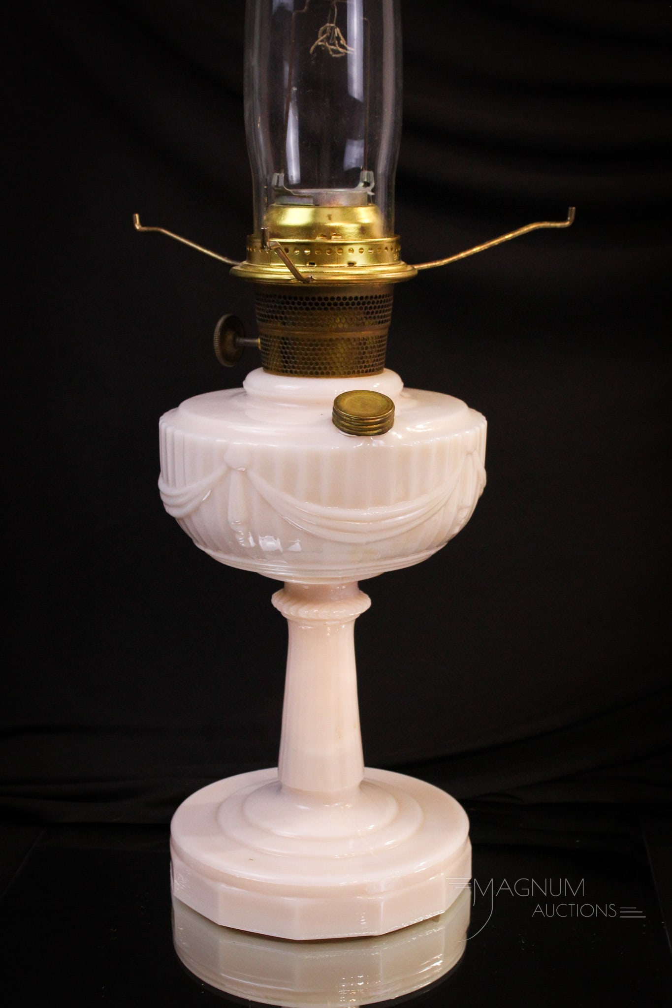 Aladdin Alacite Lincoln Drape Oil Lamp: Great piece direct from on top of the china cabinet. This Aladdin Alacite oil lamp retains original chiney and burner. It measures 10 1/4" tall for the lamp portion only.