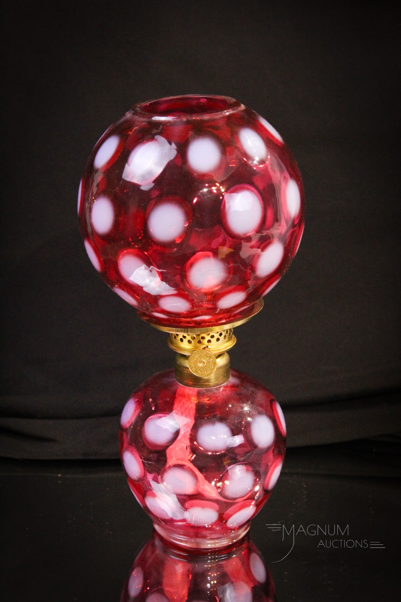 Cranberry Opalescent L. G. Wright Miniature Oil Lamp: Select offering in this fine L.G. Wright cranberry opalescent Coinpost pattern miniature oil lamp. Great color and opalescence. It measures 8 1/4" tall.
