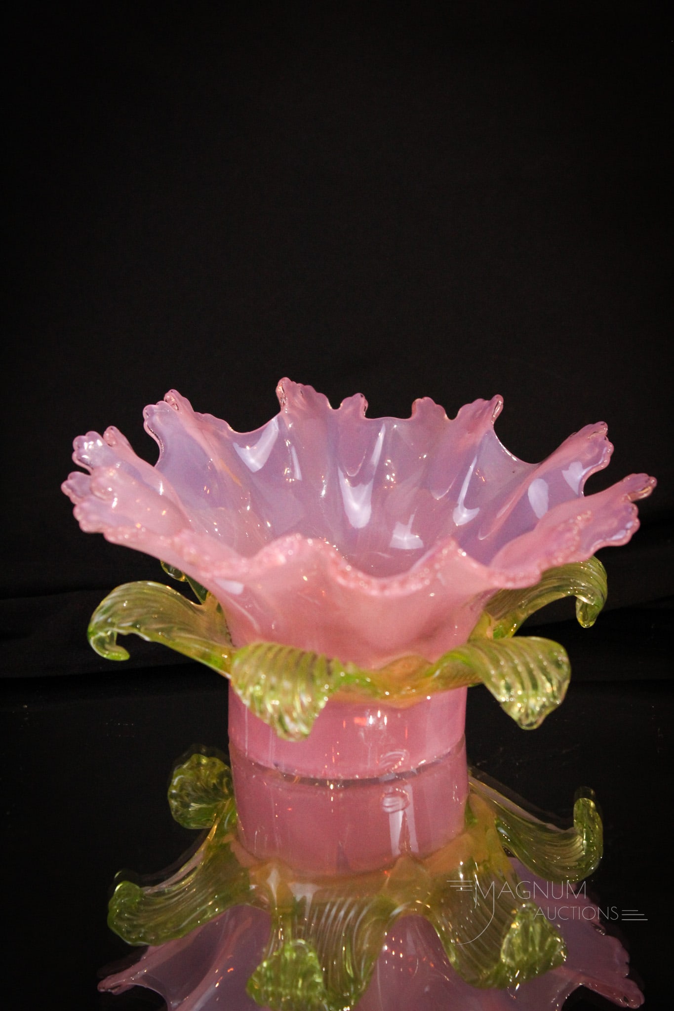 Pink Opalescent Vaseline Victorian Glass Shade: Beautiful pink and vaseline applied glass Victorian shade. Shade measures 3 1/4" tall, 6" in diameter, and has a fitter of 2 1/2".