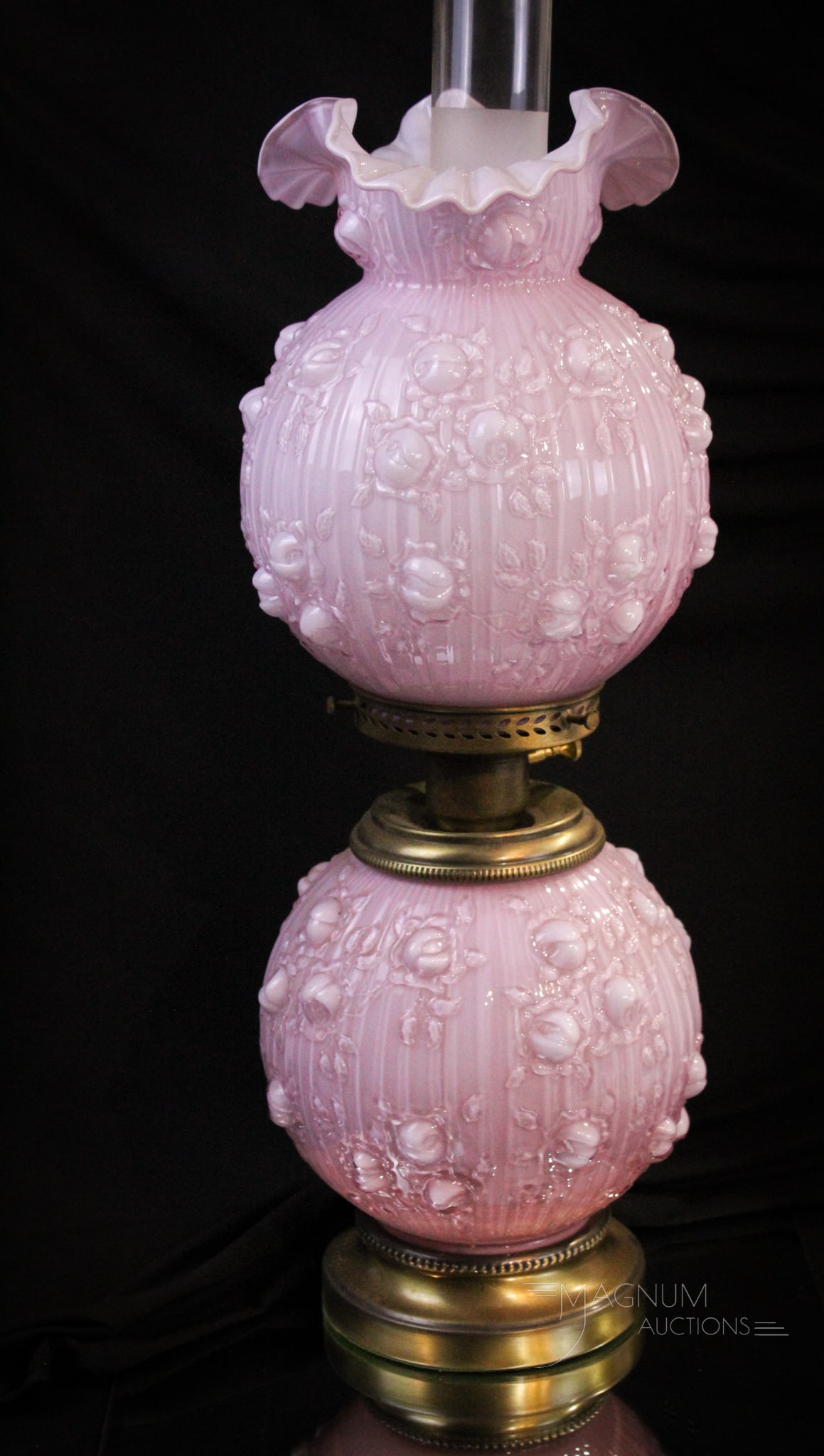 Fenton Pink Overlay Roses Gone with the Wind Lamp: Beautiful 22" tall Fenton pink overlay Roses pattern gone with the wind style lamp.