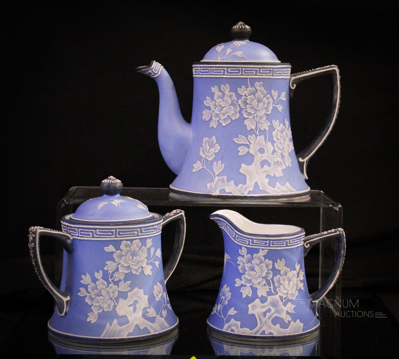 Nippon Wedgwood Style Jasperware Tea Set: Fine Nippon signed Wedgwood style jasperware three piece tea set. Lovely set with great coloring. Tallest measures 6 1/2.