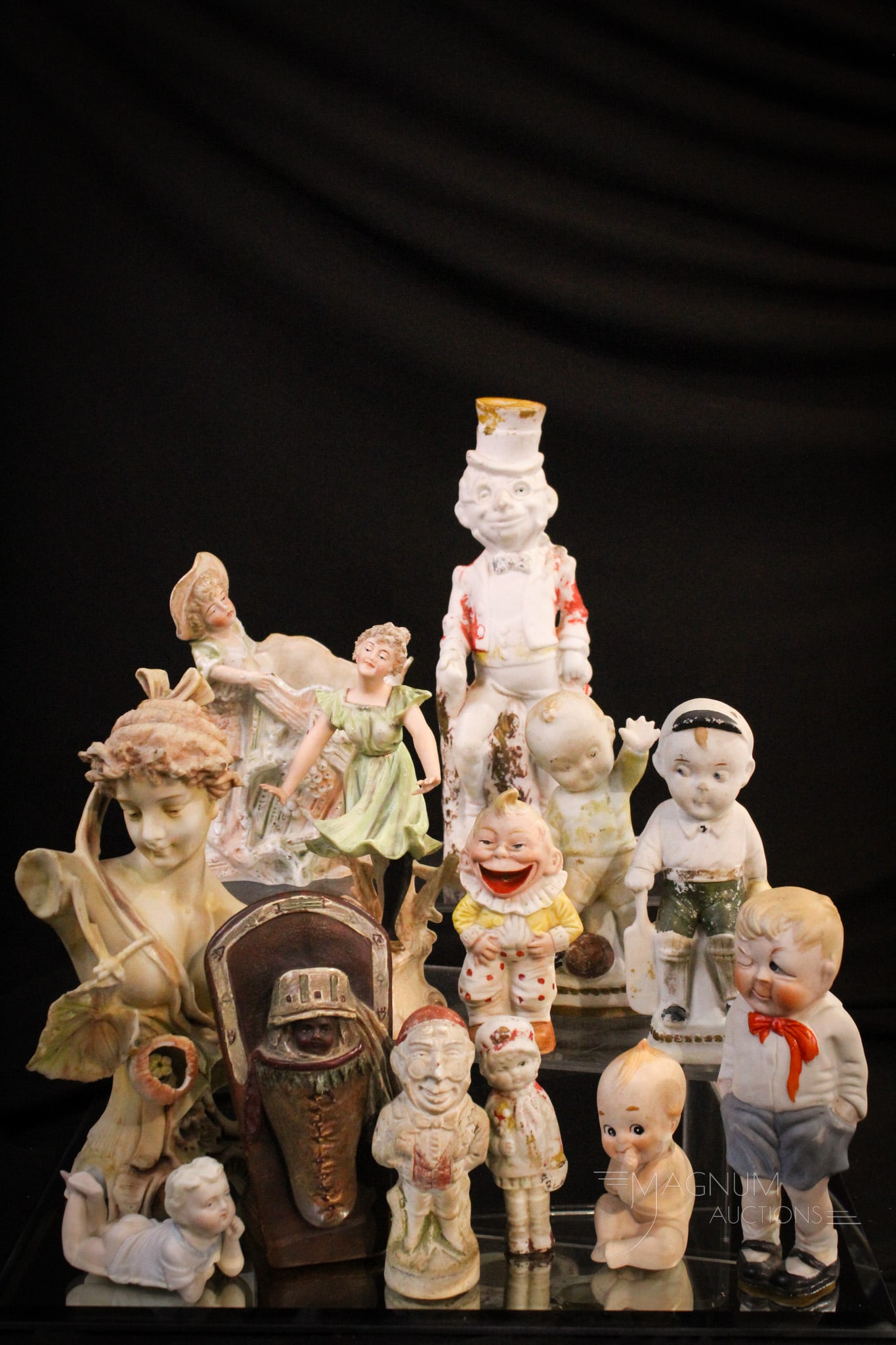 13 pc Lot Bisque Porcelain Figurines: Thirteen fine examples of bisque porcelain figurines in various forms, genres, etc.