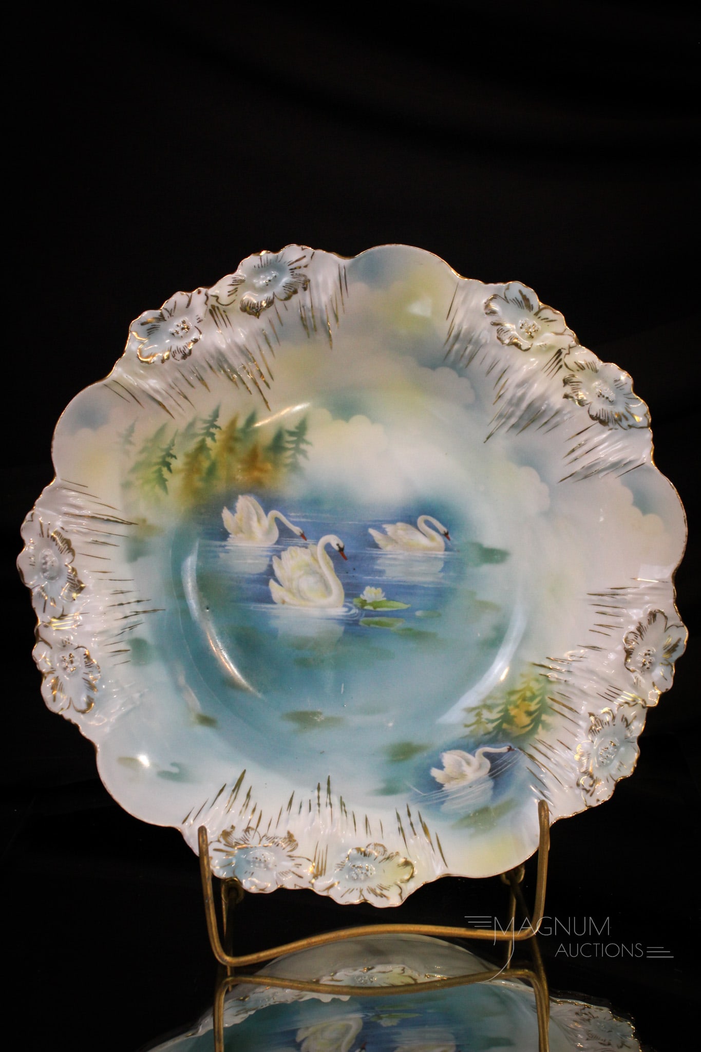 Unmarked R.S. Prussia Icicle Mold Swans Bowl: Great example of an unmarked R.S. Prussia Icicle mold bowl with Swans decoration. Measures 2 3/4" tall, 11" in diameter.