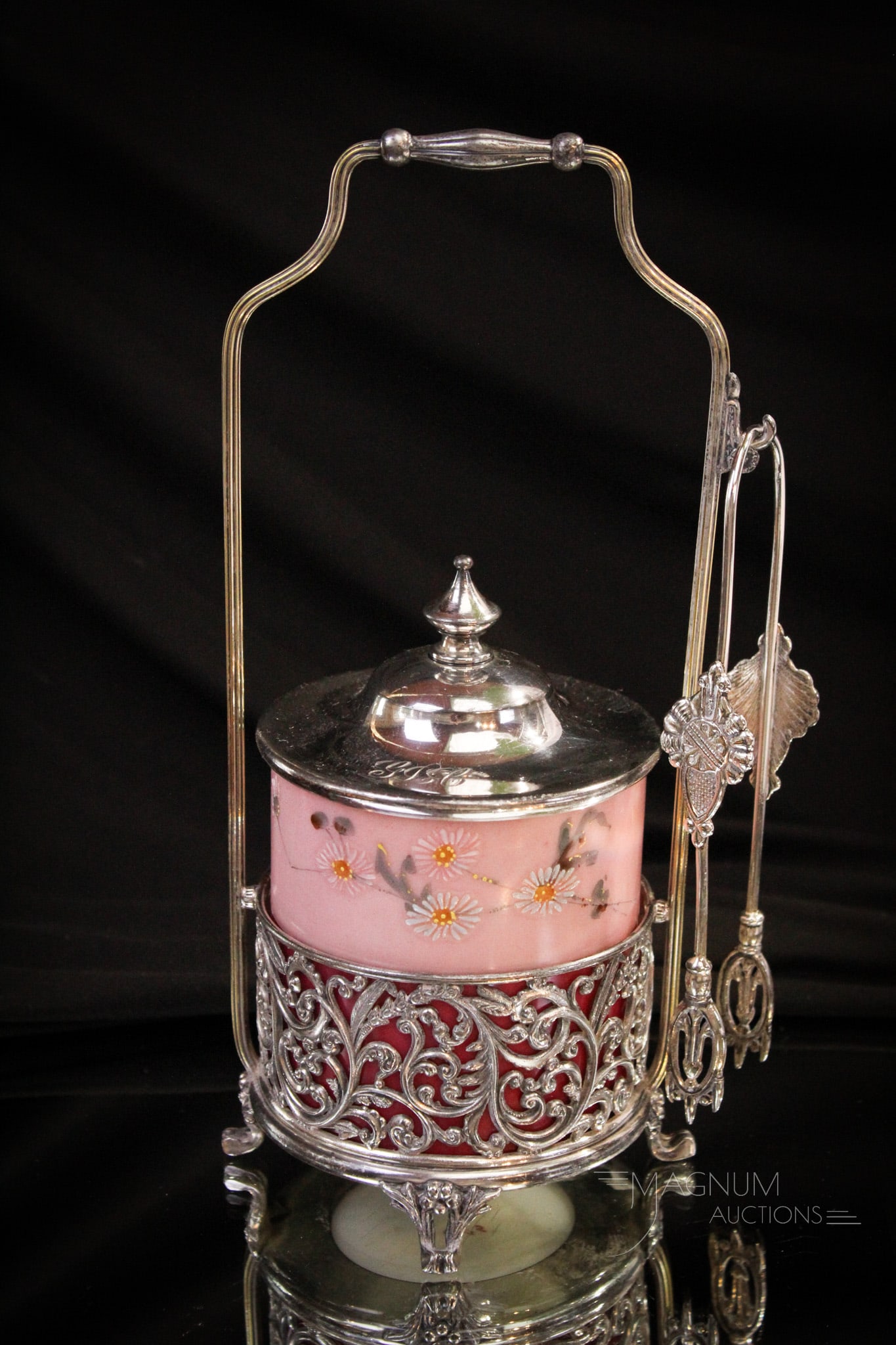 Pairpoint Victorian Enameled Glass Silverplate Pickle Castor: Signed all original Pairpoint silverplate and glass pickle castor. Great piece. Insert is decorated opal glass. Measures 9 1/2" tall.