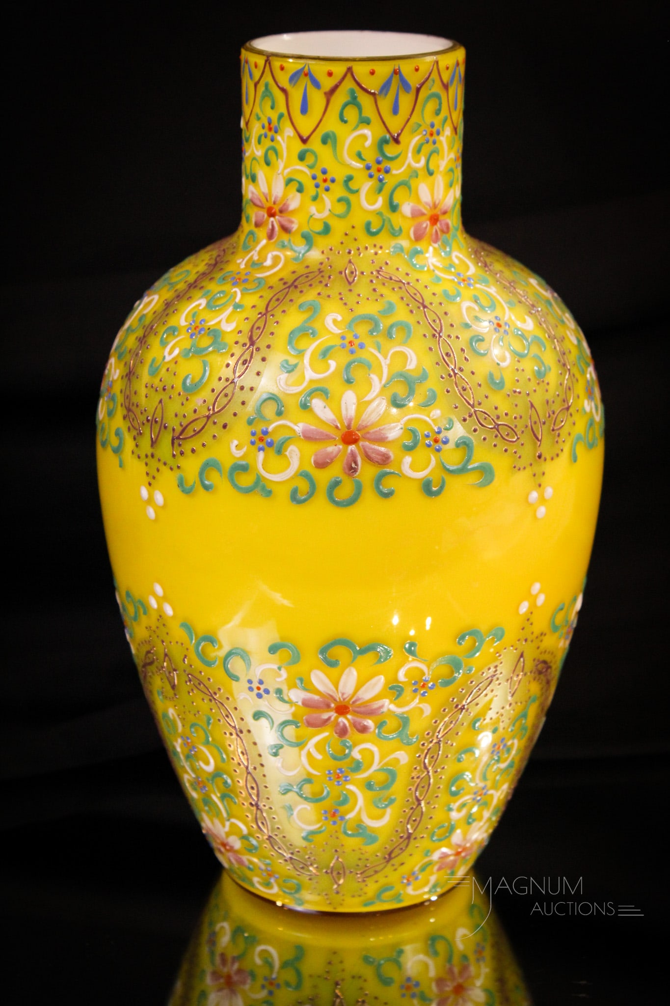 Large 10" Webb Moroccan Persian Enameled Victorian Glass Vase: Seldom found size for this type of decorated glass. Beautiful buttercream yellow with Moroccan or Persian style enameled decoration. Phenomenal example measuring in at 10" tall.