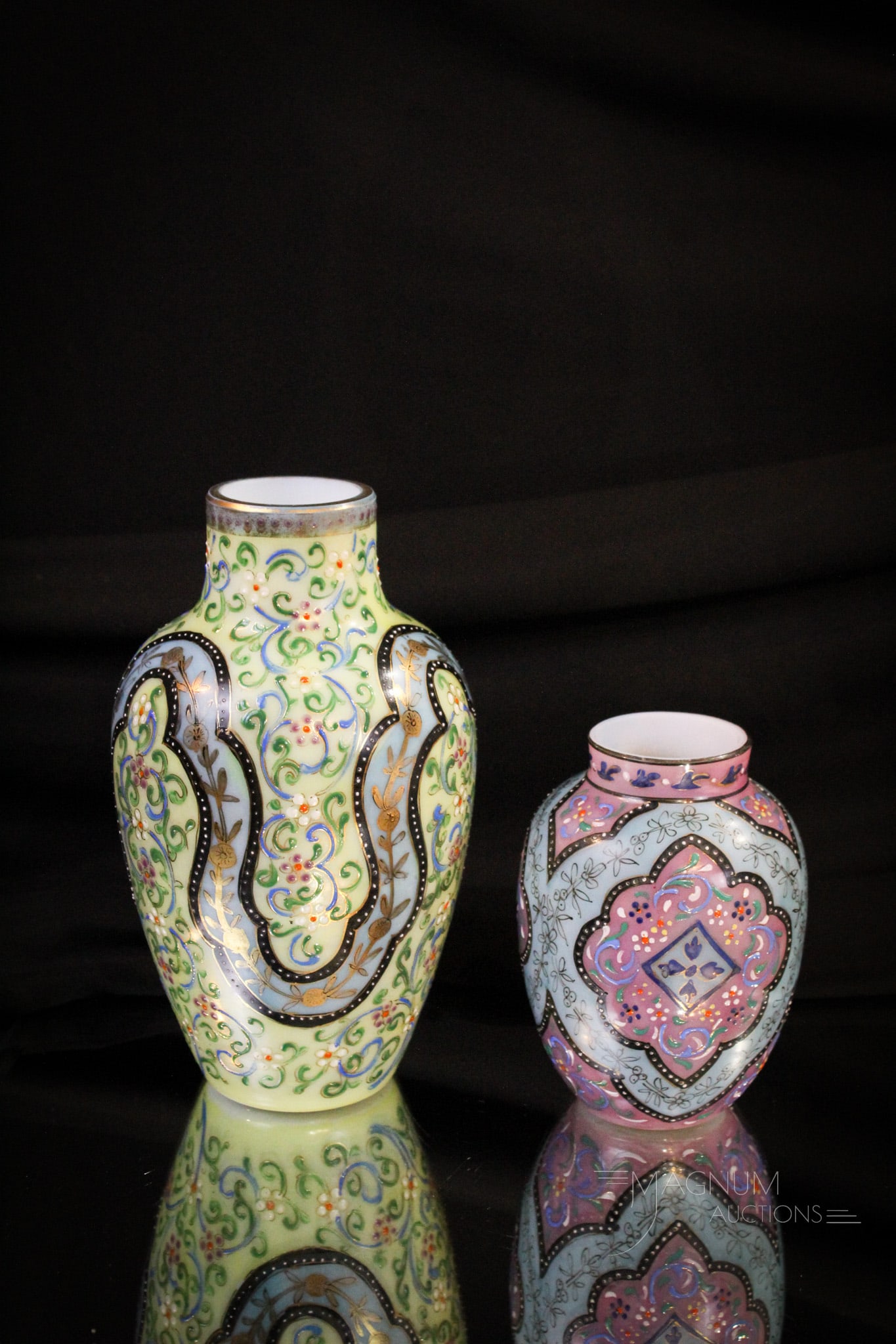 2 pc Lot Webb Moroccan Persian Enameled Victorian Glass: Two unique examples of Webb Moroccan Persian enameled glass vases, each differing in color and design. Tallest measures 7 1/2".