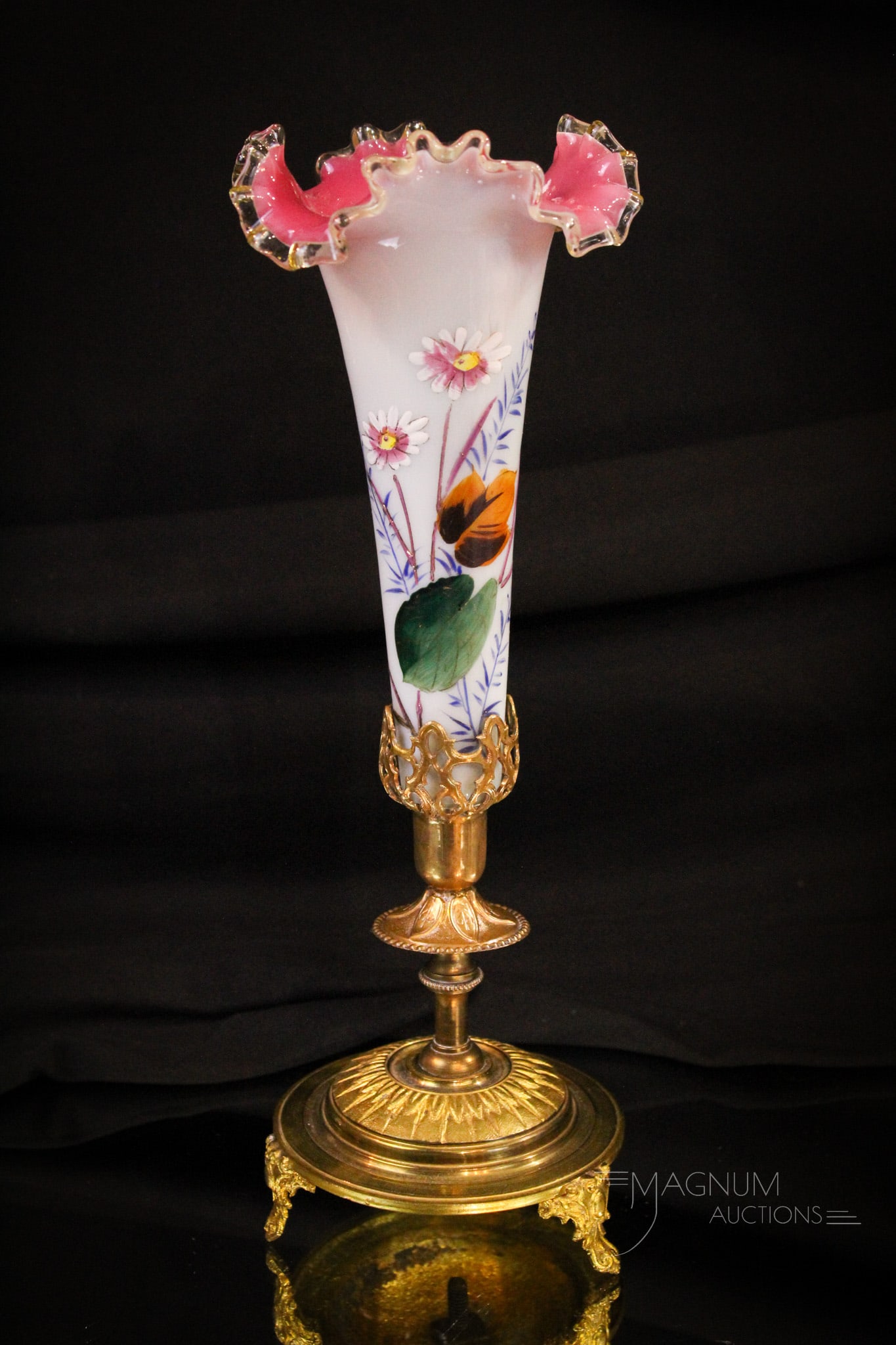 Peachblow Victorian Enameled Glass Epergne Vase in Holder: What a beauty this one is, folks! This lovely Victorian epergne vase set in ornate brass base is in peachblow enameled glass. And did we mention nice? It stands 11" tall.