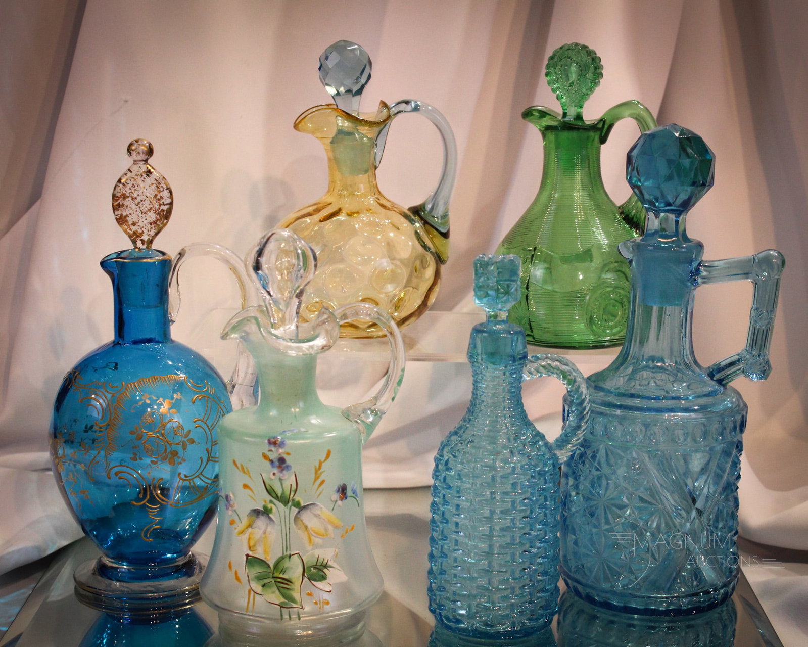 6 pc Lot Victorian Glass Enameled Bellaire Greentown & More Cruets: Plenty of goodness in this wonderful lot of Victorian pattern and art glass cruets. Lot is comprised of a Greentown teal green Dewey pattern, a Bellaire Basketweave, a Daisy & Button with Crossbars, a