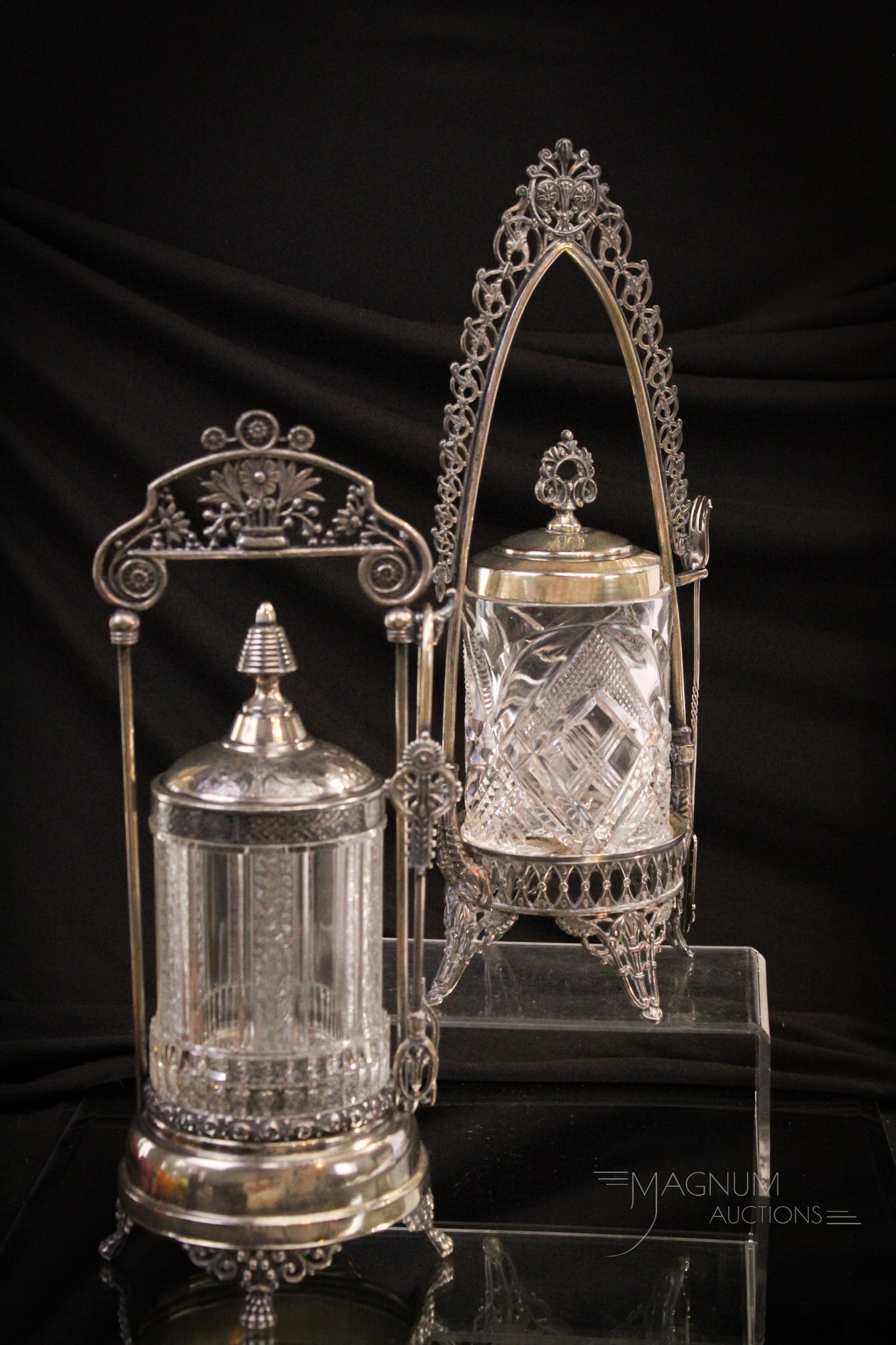 2 pc Lot Victorian Silverplate Pickle Castors Redd & Barton & Union: Two fine Victorian pickle castors. Each uniquely designed. Tallest measures 13". One signed Reed & Barton. The other Union Silverplate.