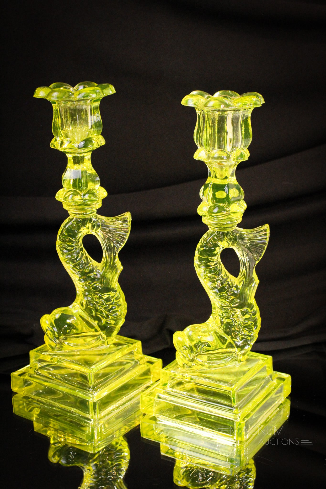 Pair 10" Boston Sandwich Victorian Dolphin Candlesticks: Fine pair of Victorian Boston Sandwich Dolphin form 10" candlesticks with double step base with petal & loop candle cup.