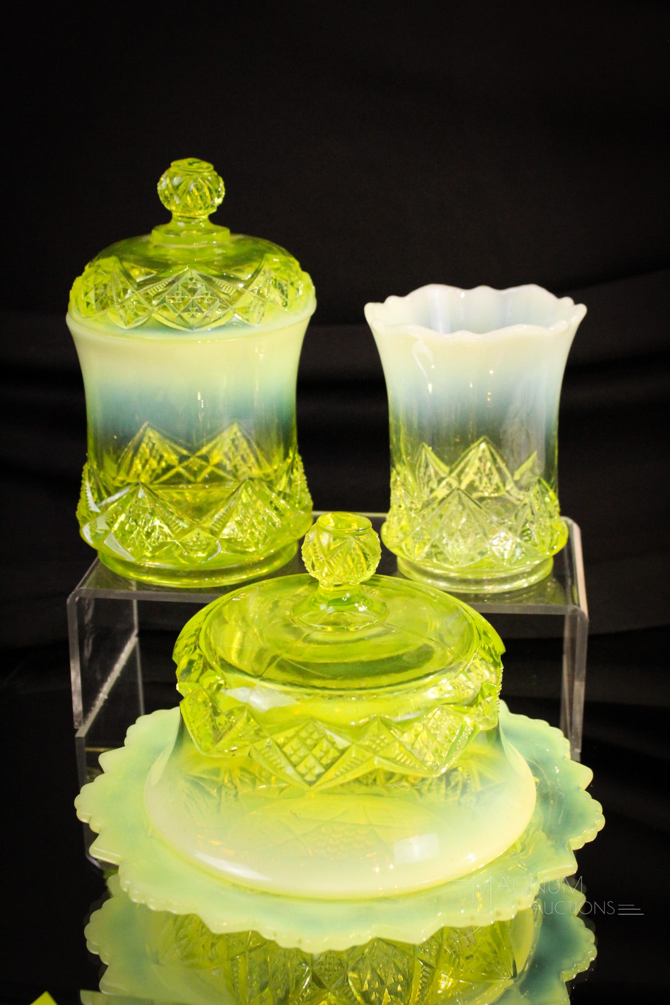 3 pc Northwood Vaseline Opalescent Diamond Spearhead Table Articles: Three pieces of a Northwood vaseline opalescent Diamond Spearhead pattern table set. So much joy you'll have unwrapping this butter, sugar, and spooner if you win it. Such beautiful examples. Tallest 
