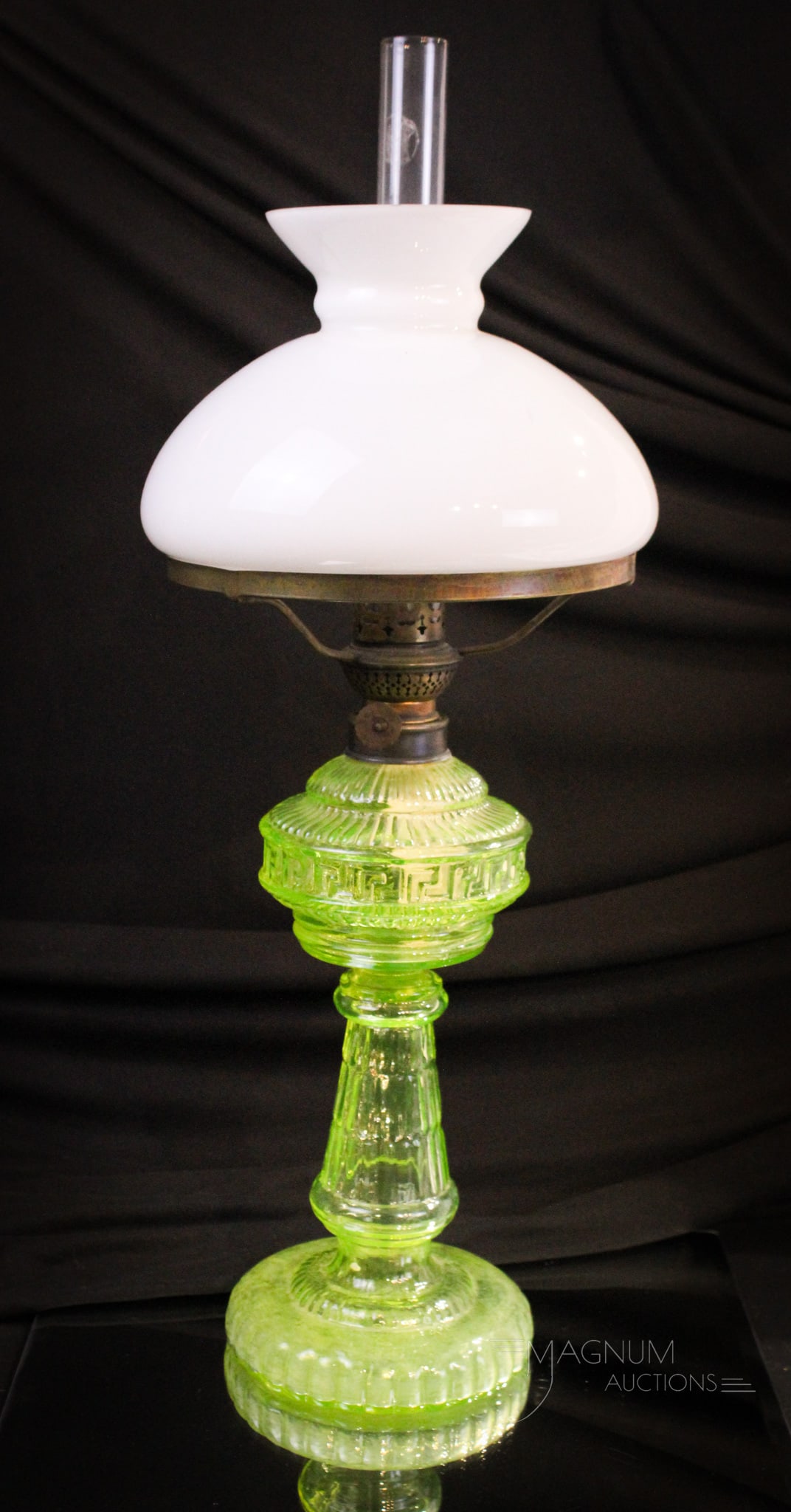 Victorian Vaseline Glass Greek Key Design Oil Lamp: Wonderful blown Victorian vaseline glass greek key design oil lamp complete with opal glass shade and Kosmos Brenner burner.