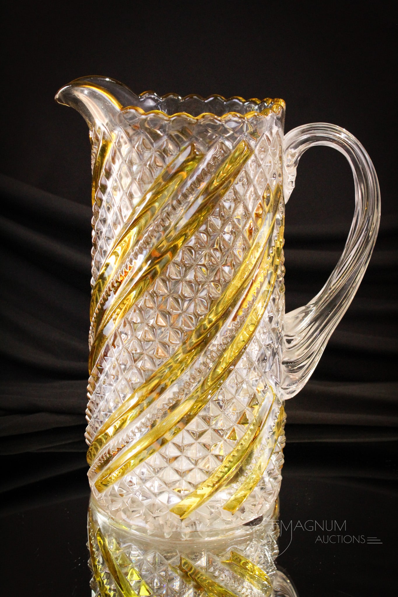 Victorian Pattern Glass Amber Stained Bar & Diamond Water Pitcher: Fantastic coloring on this beautiful Bar & Diamond amber stained Victorian tankard pitcher. Pitcher stands 10 1/4" tall.