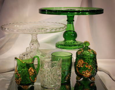 6 pc Lot Riverside Glass Croesus Cake Stand & More: Six fine articles of Riverisde and more Victorian glass. In this lot we have a scarce green Croesus pattern cake stand along with a clear etched design cake stand. A green Croesus creamer and sugar