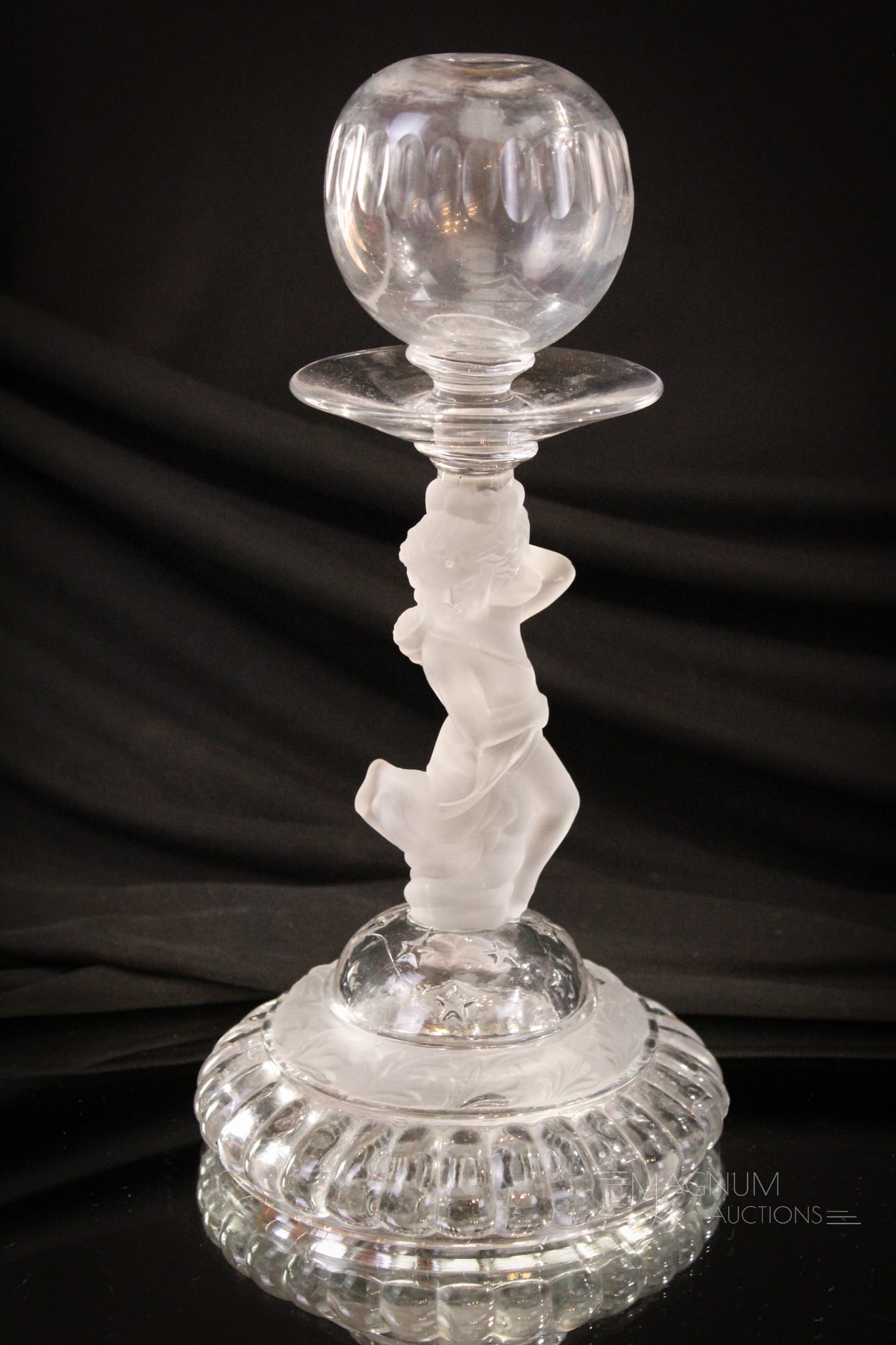 19th Century Figural Stem Lace Maker's Oil Lamp: Fine 19th century glass figural stem lace maker's oil lamp with blown font with cut notching. Measures 10" tall.