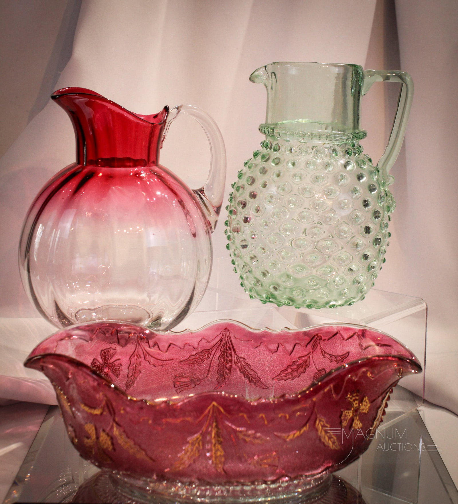 3 pc Lot Victorian Glass: Three great examples of Victorian glass articles. Included is a hobnail water pitcher in green, and a U.S. Glass Delaware pattern bowl with maiden's blush staining. These two are featured along with a